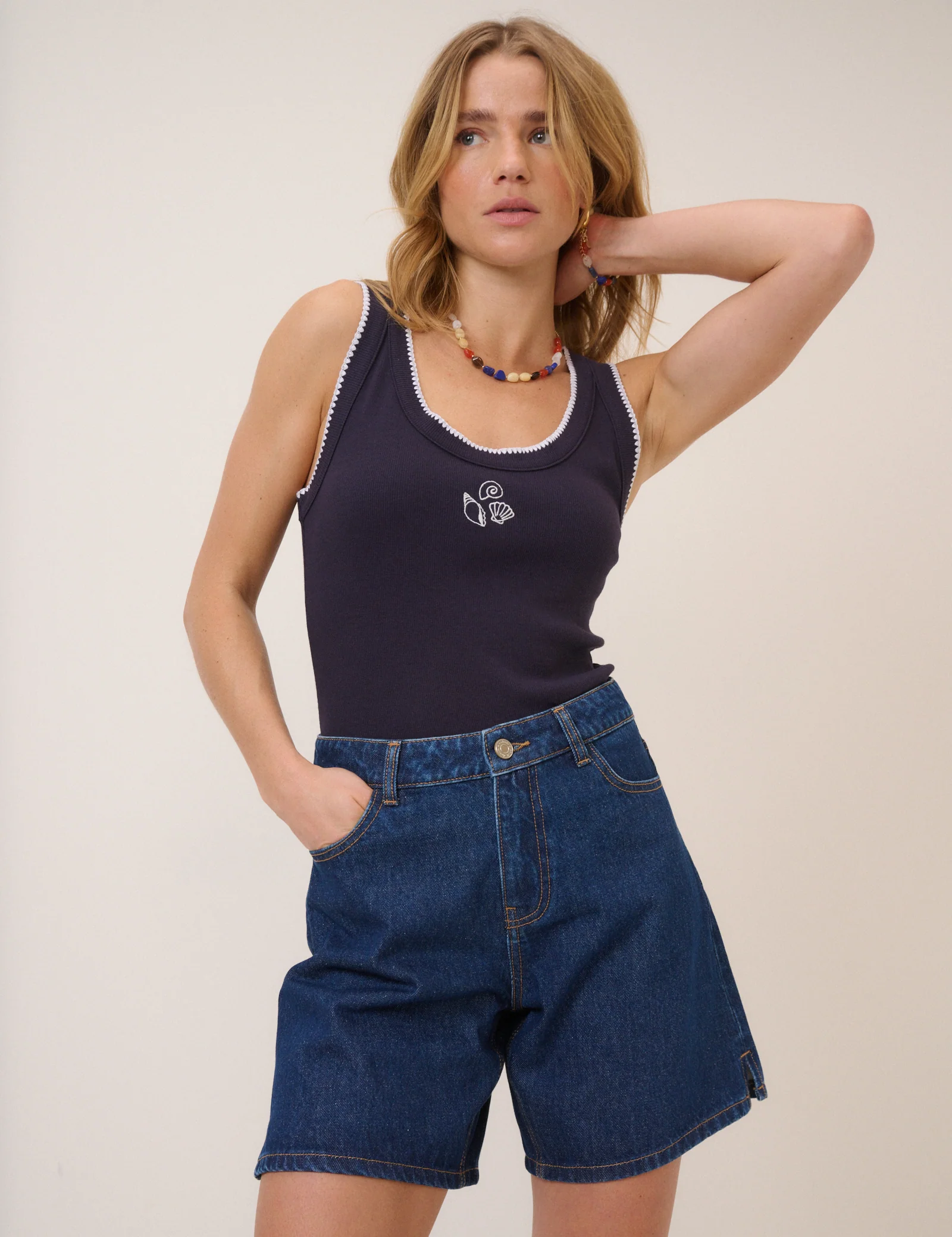 Navy Shell Embroidered Whipstitch Vest - Image 3