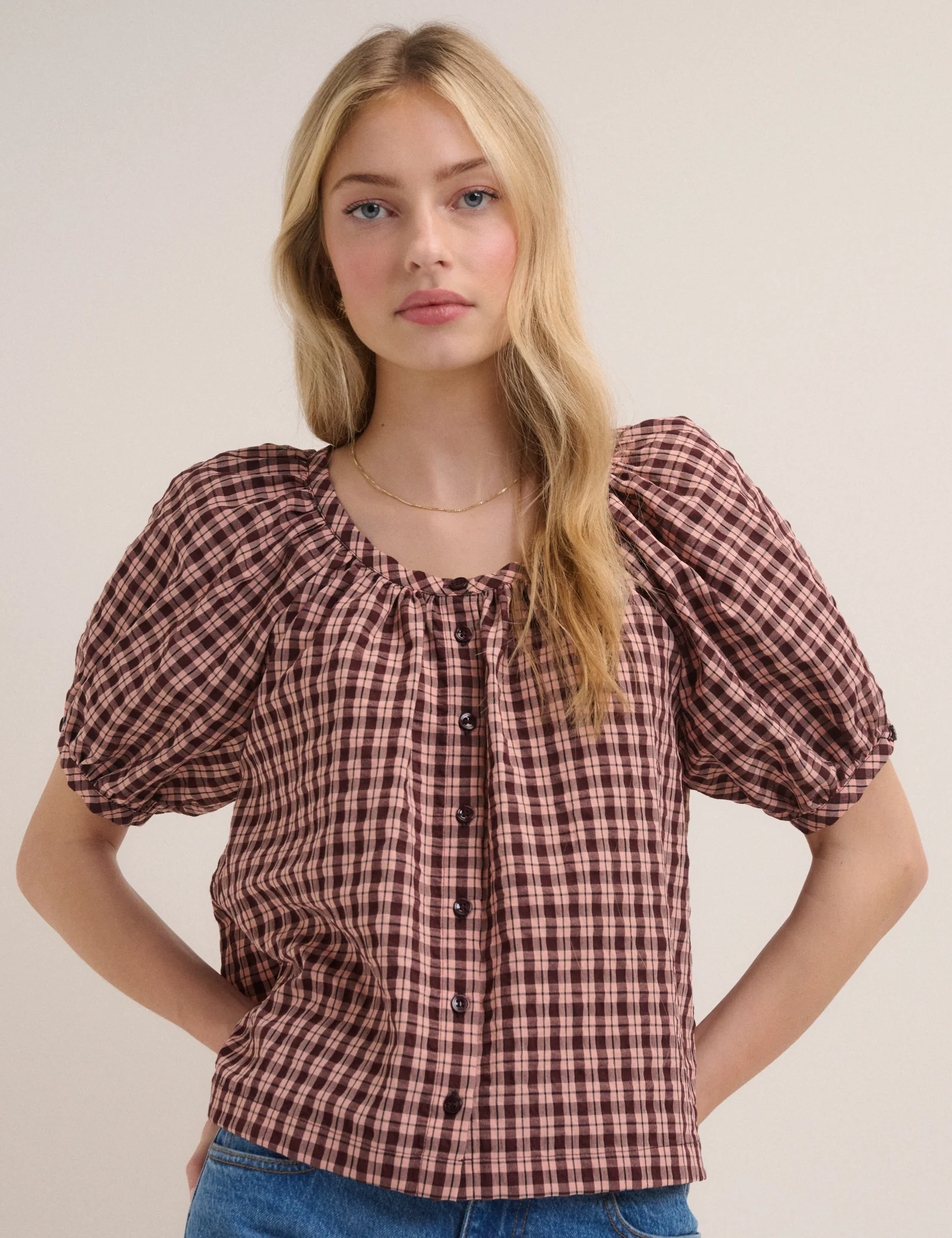 Pink Check Puff Sleeve Button Front Top - Image 4