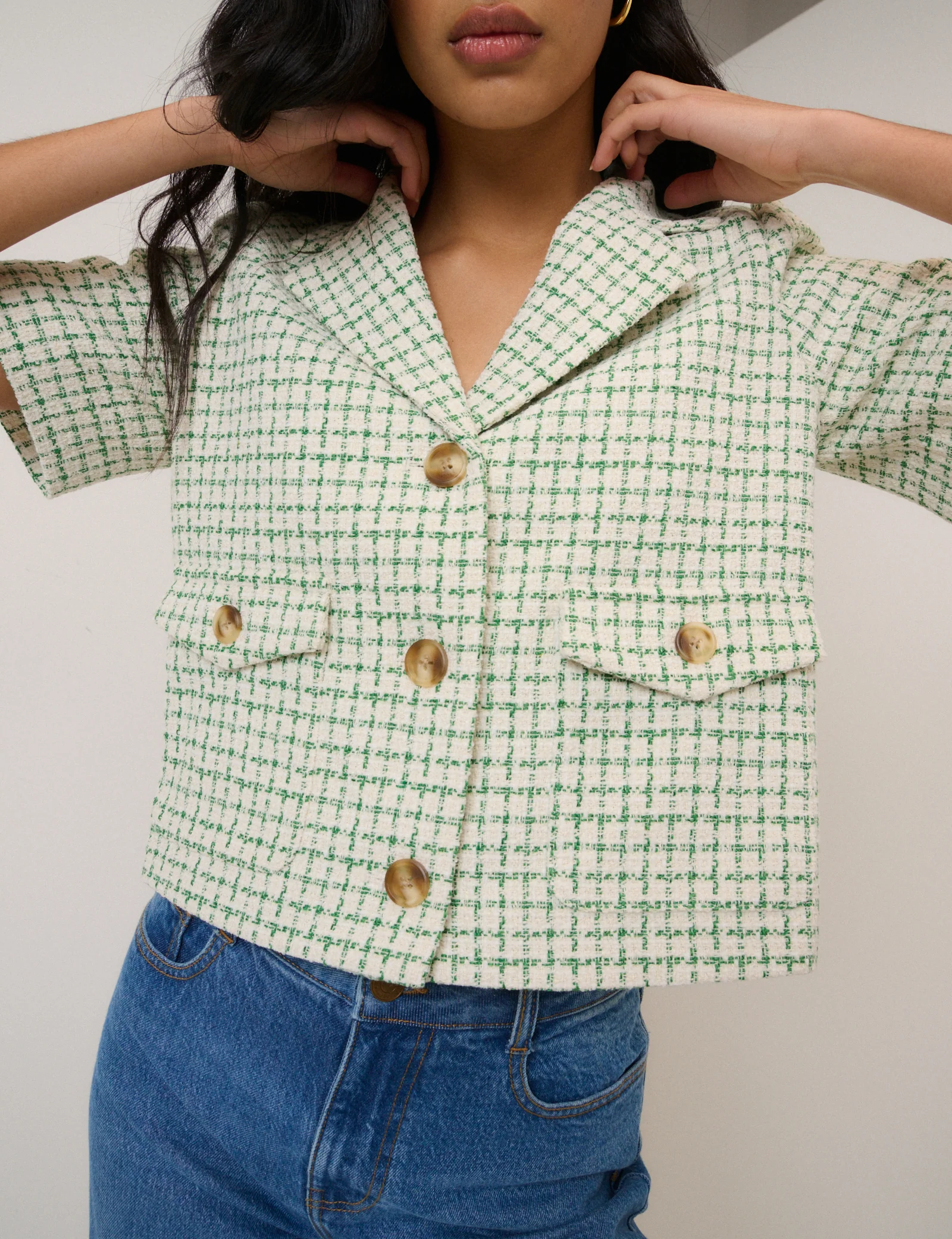 Green Check Short Sleeve Boucle Jacket - Image 6