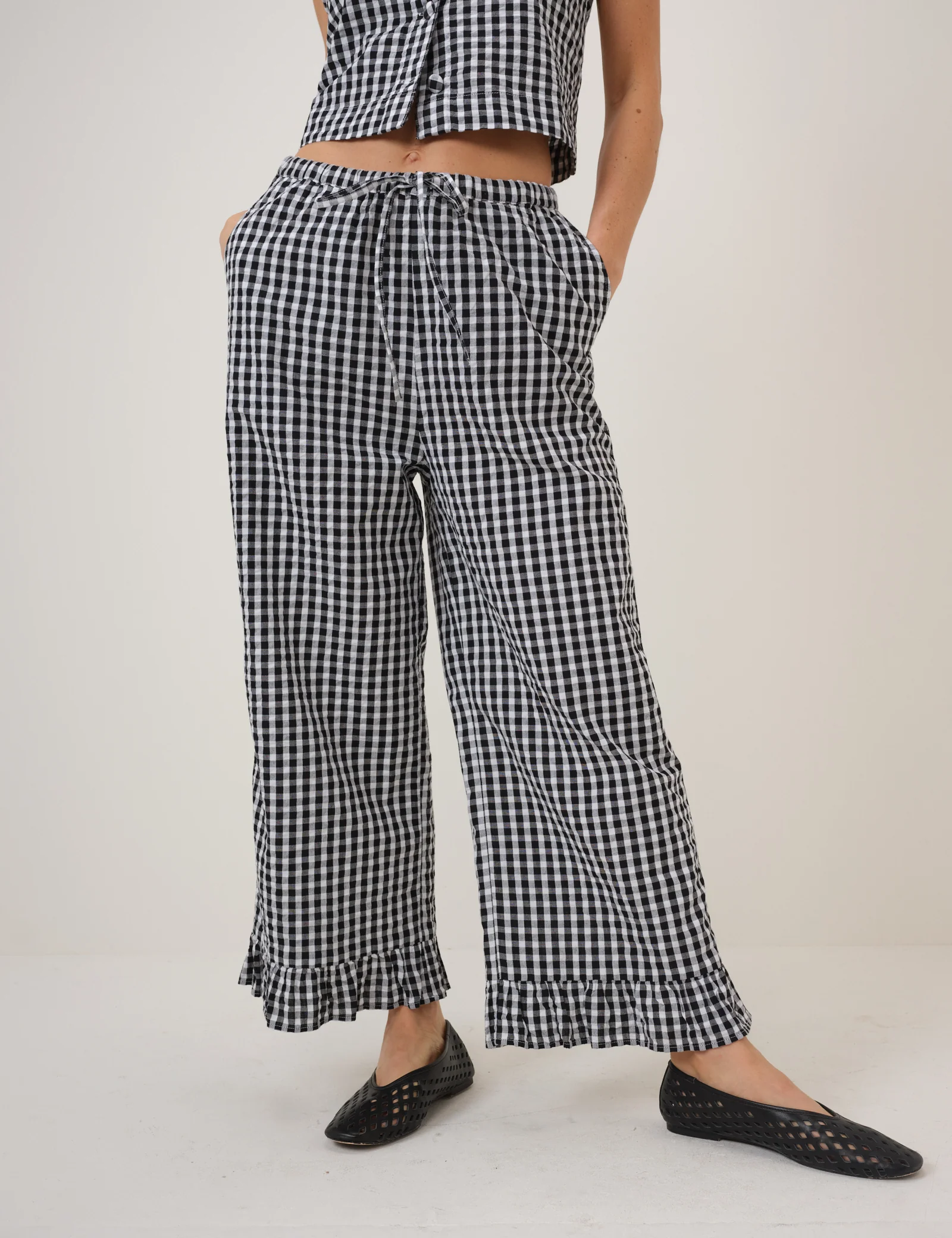 Black Gingham Wide Leg Trousers - Image 3