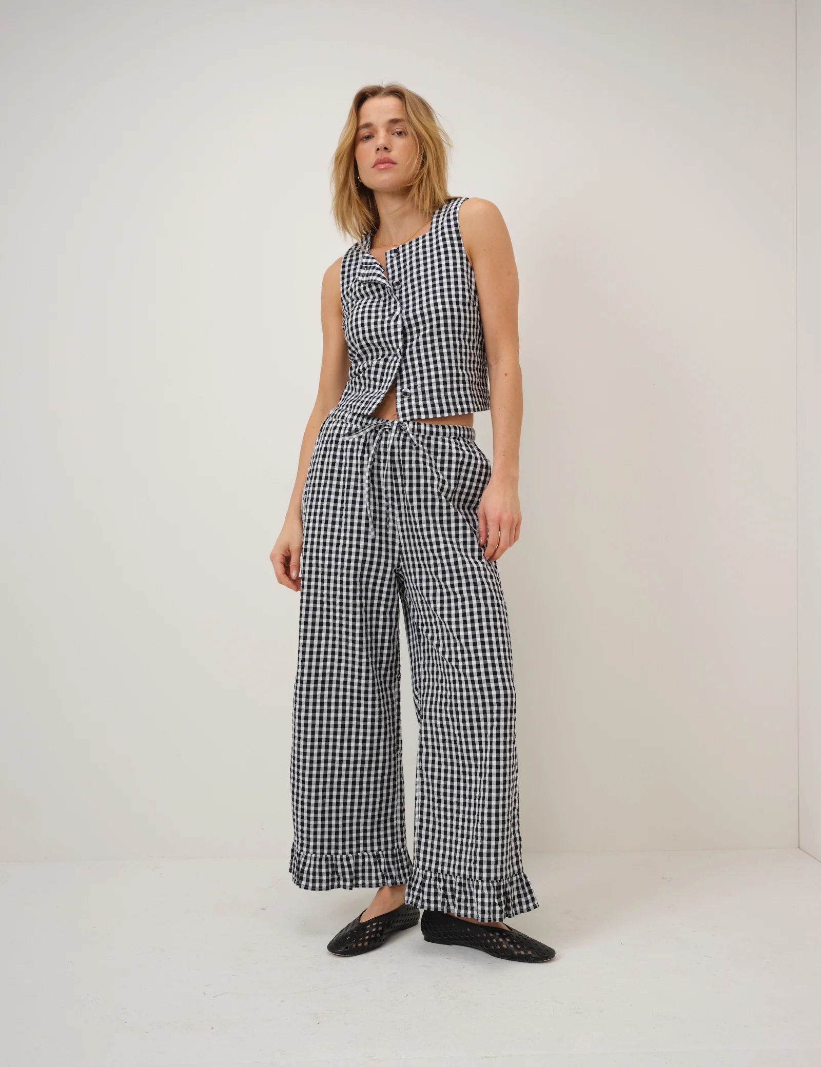 Black Gingham Wide Leg Trousers - Image 4