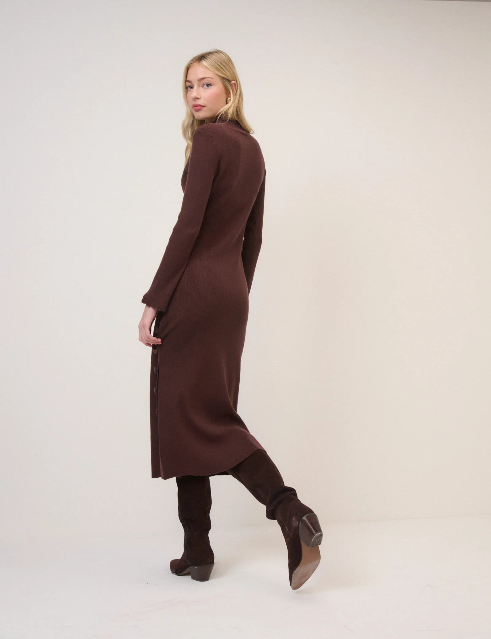 Chocolate Brown Side Button Ribbed Midi Dress - Image 5