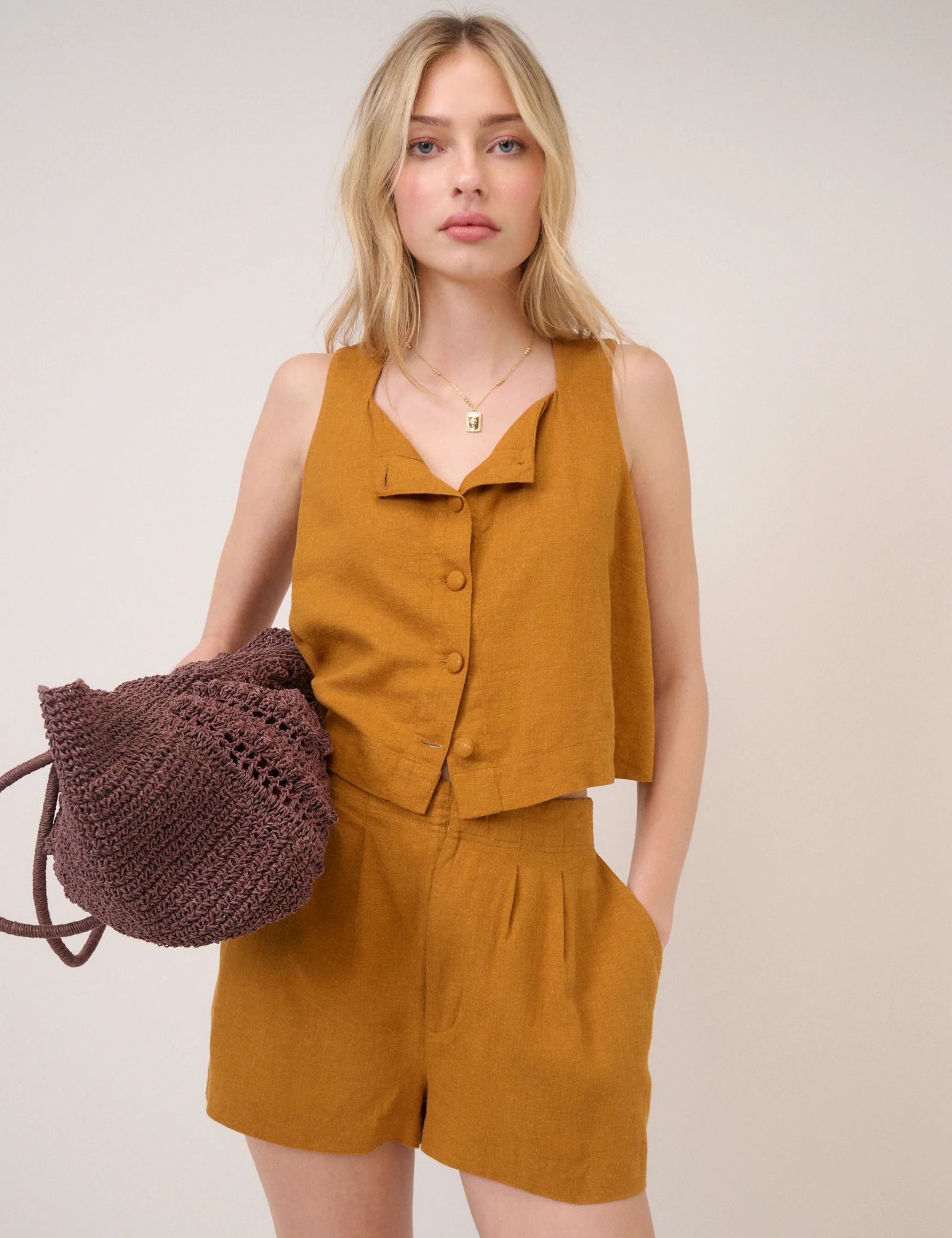 Orange Linen-Blend Shorts - Image 2