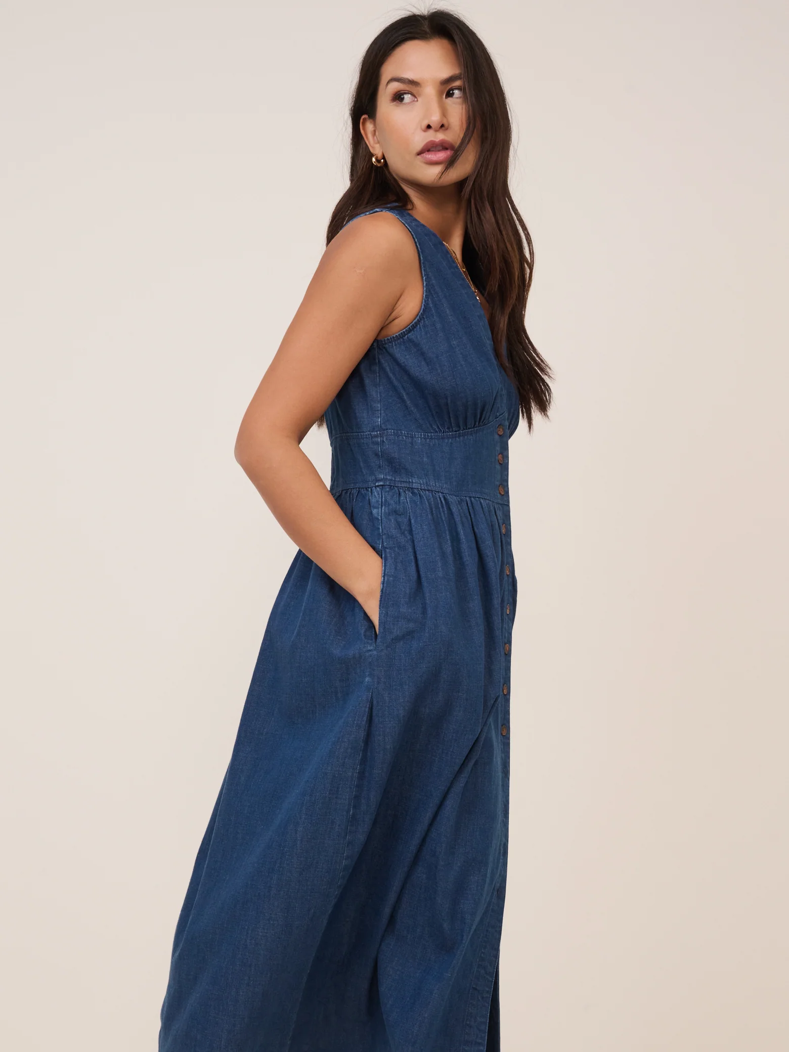 Dark Blue Denim Sleeveless Starlight Midi Dress - Image 2