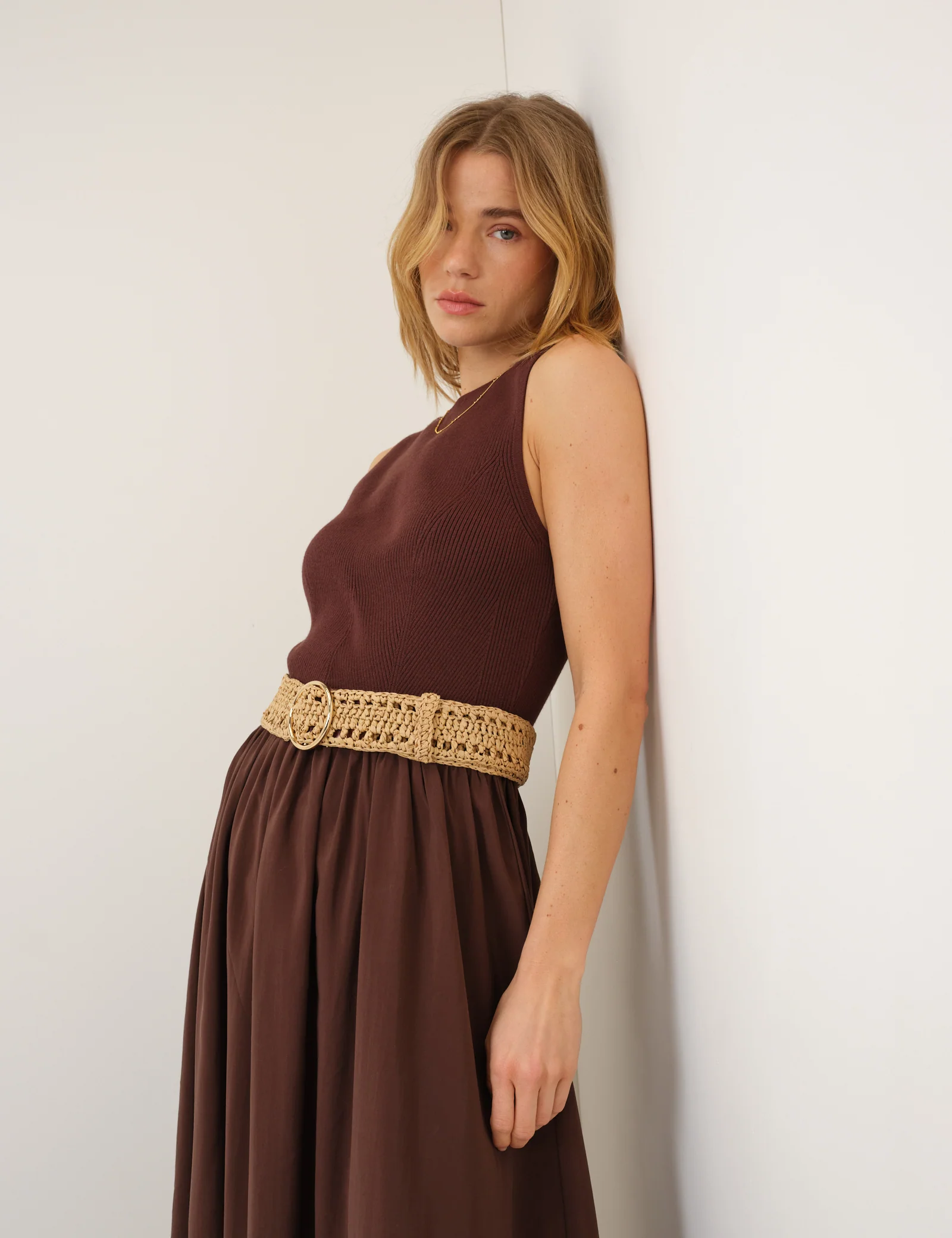 Brown Slash Neck Knitted Bodice Dress - Image 5