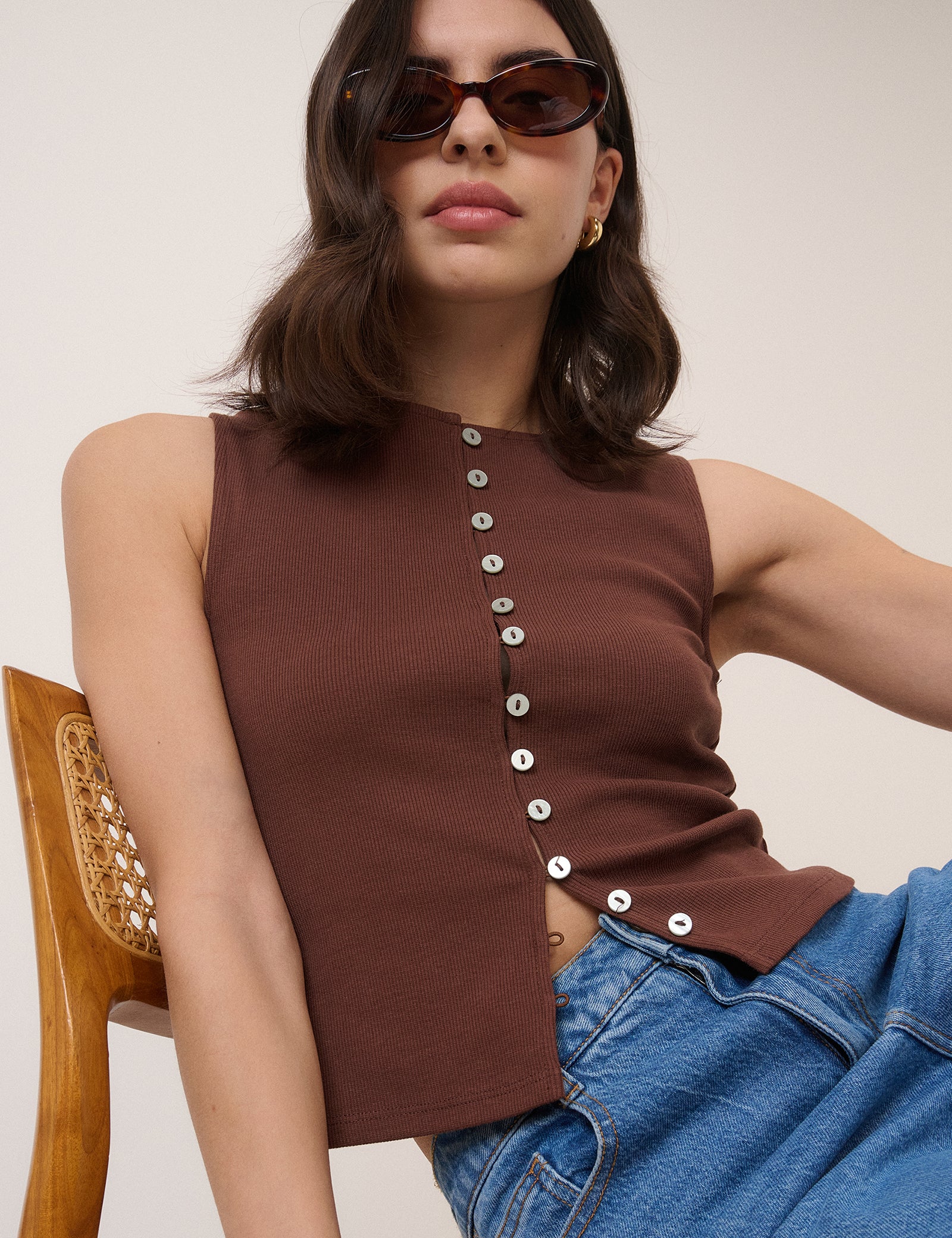 Brown Boat Neck Cropped Button Through Top - Image 3