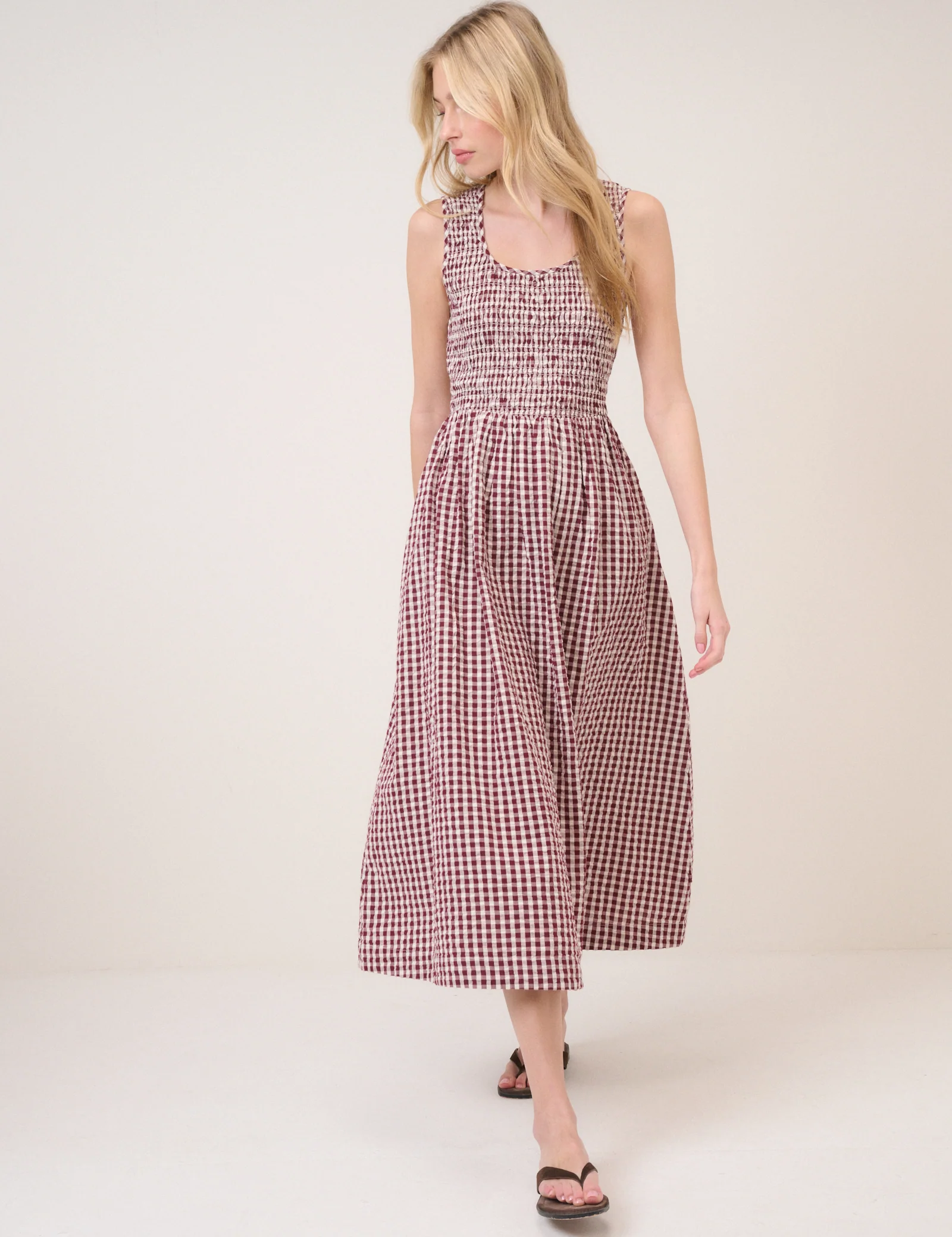 Burgundy Gingham Shirred Kinsley Midi Dress - Image 2