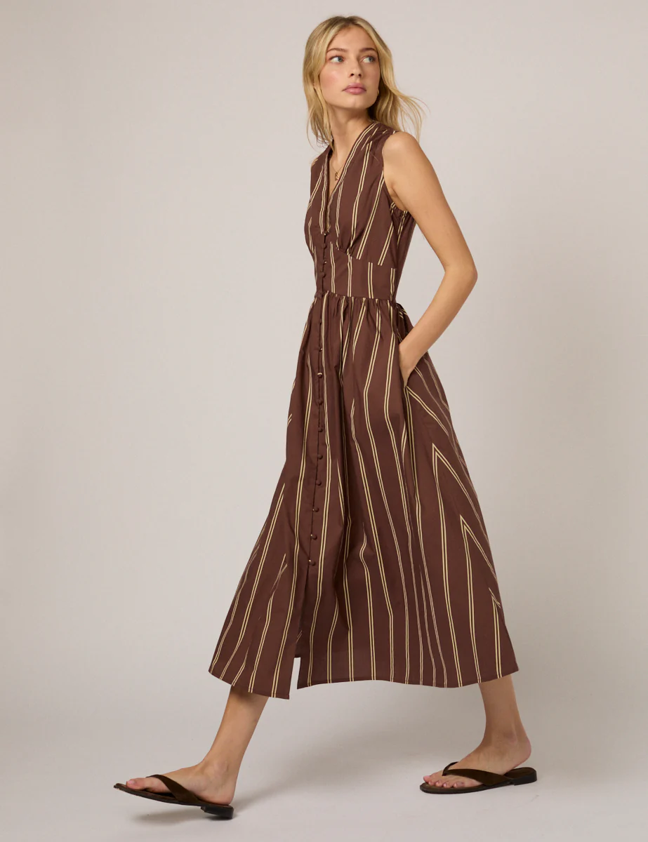 Brown Pinstripe Sleeveless Starlight Midi Dress - Image 3
