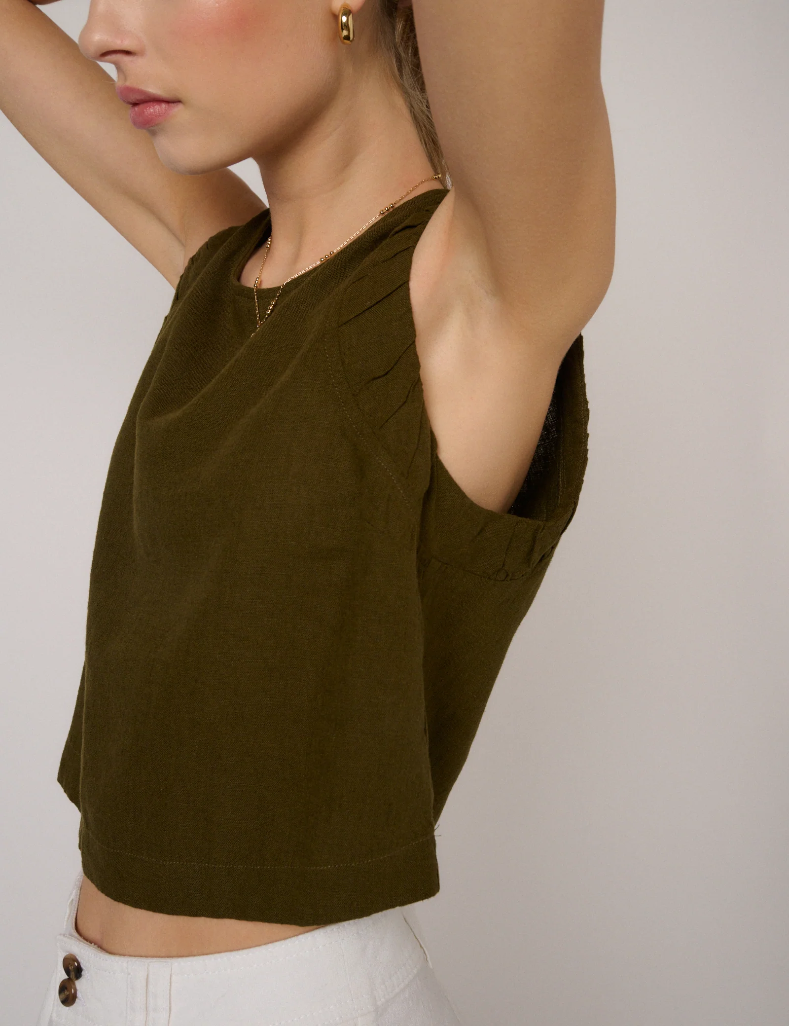 Khaki Green Linen-Blend Ruched Tank - Image 2