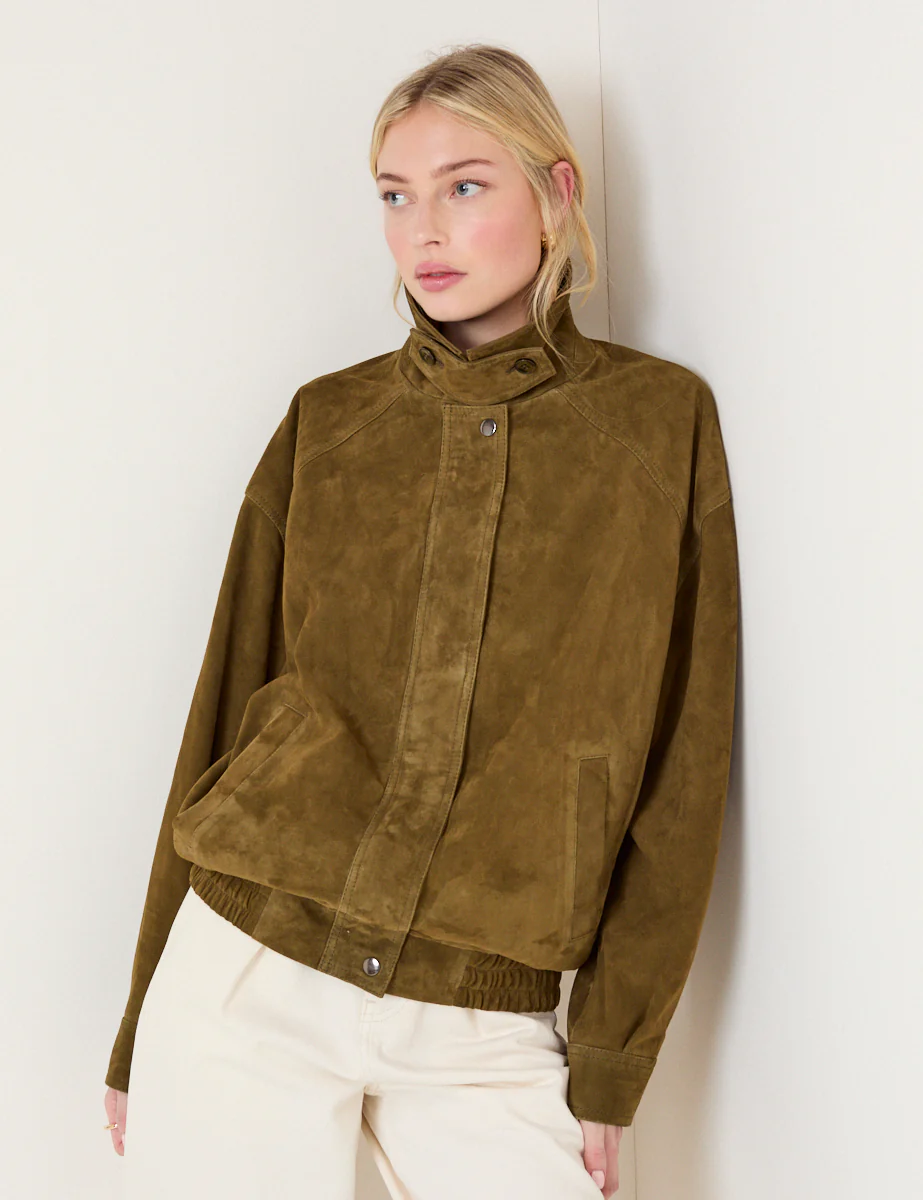 Khaki Funnel Neck Suede Bomber Jacket - Image 4
