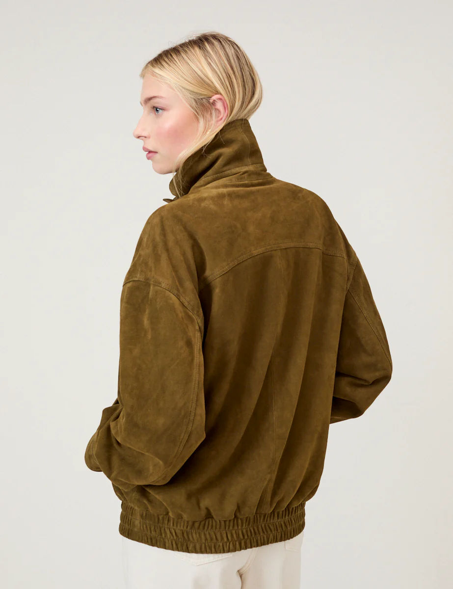 Khaki Funnel Neck Suede Bomber Jacket - Image 5