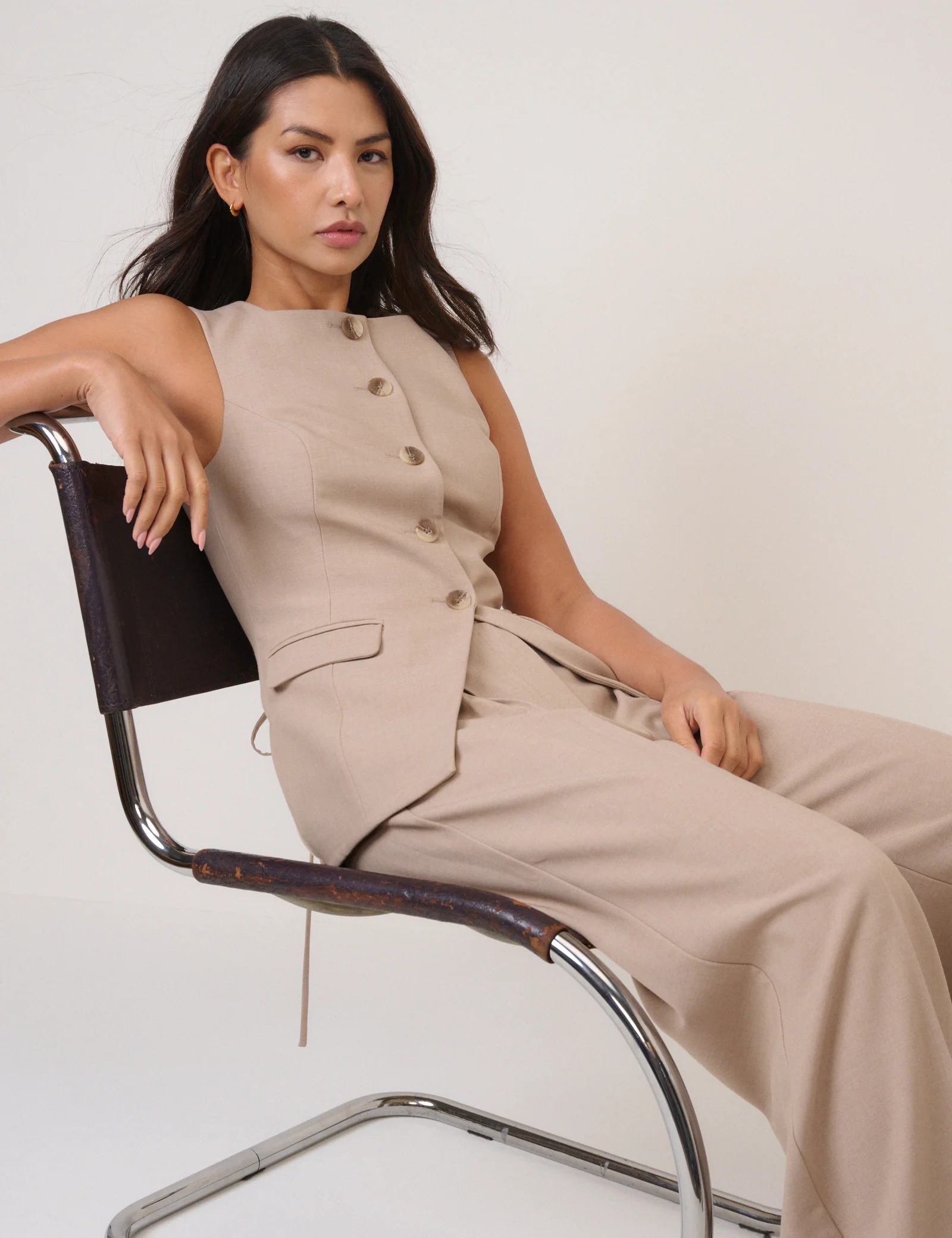 Beige Square Neck Longline Waistcoat - Image 3
