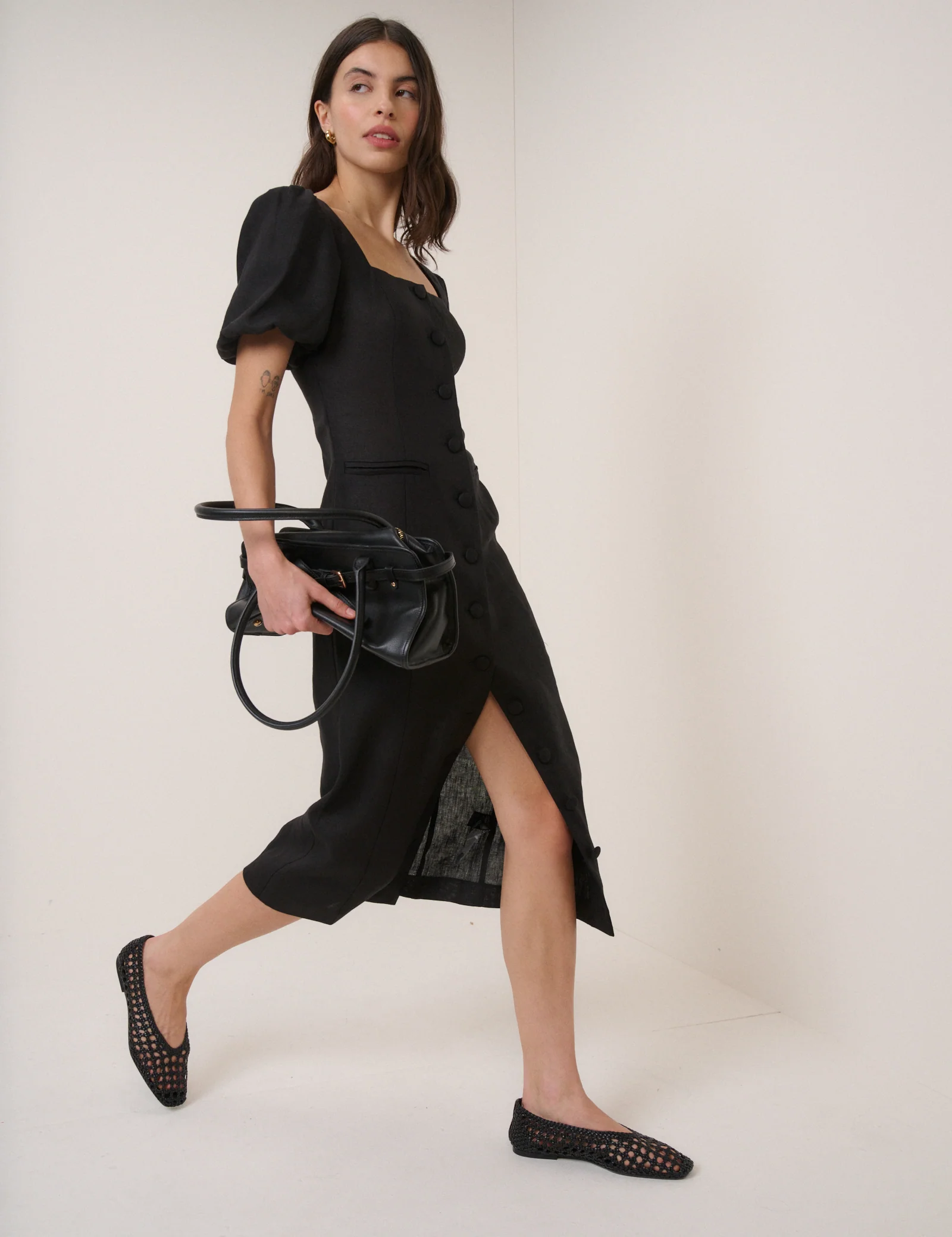 Black Linen-Blend Tailored Midi Dress