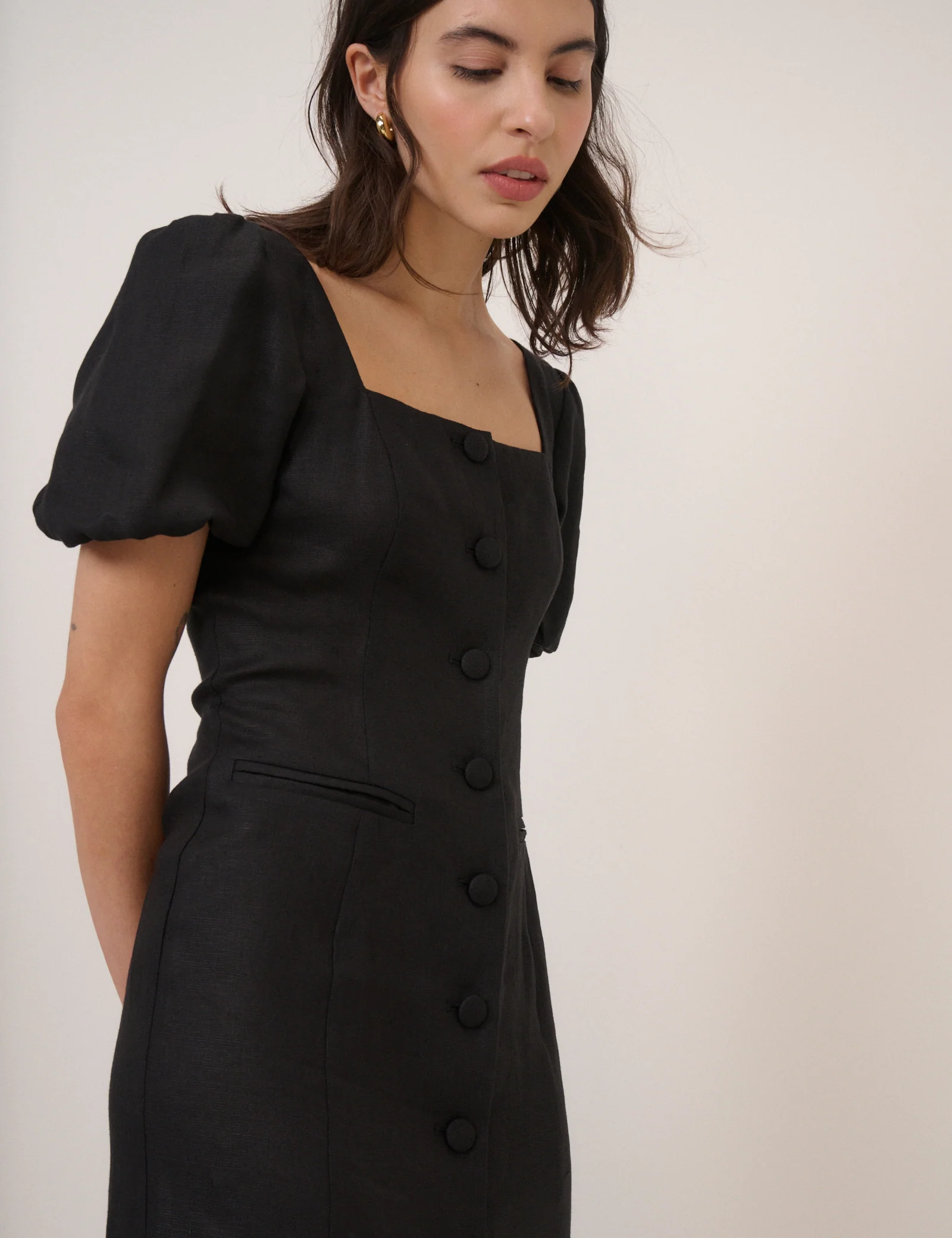 Black Linen-Blend Tailored Midi Dress - Image 2