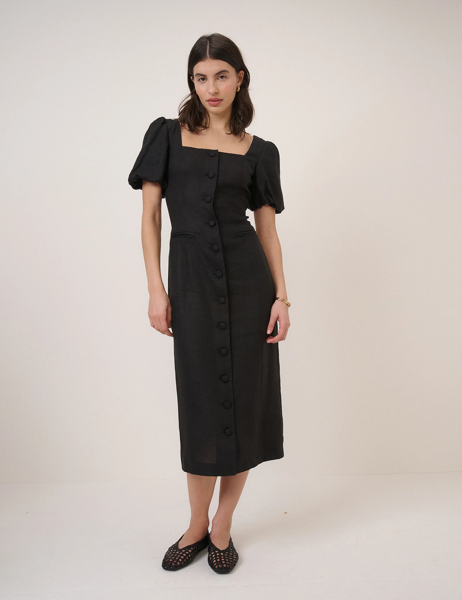 Black Linen-Blend Tailored Midi Dress - Image 3