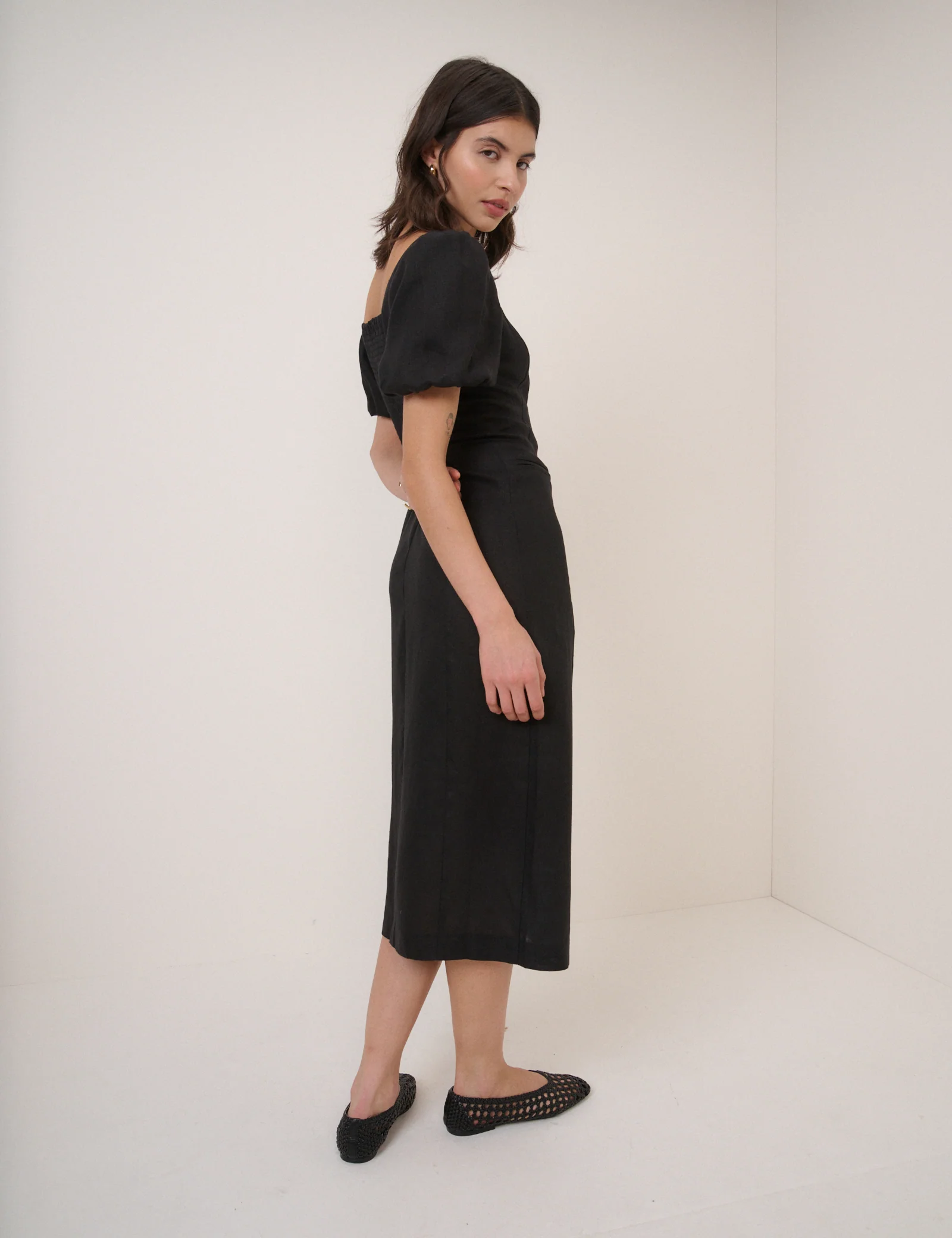 Black Linen-Blend Tailored Midi Dress - Image 5