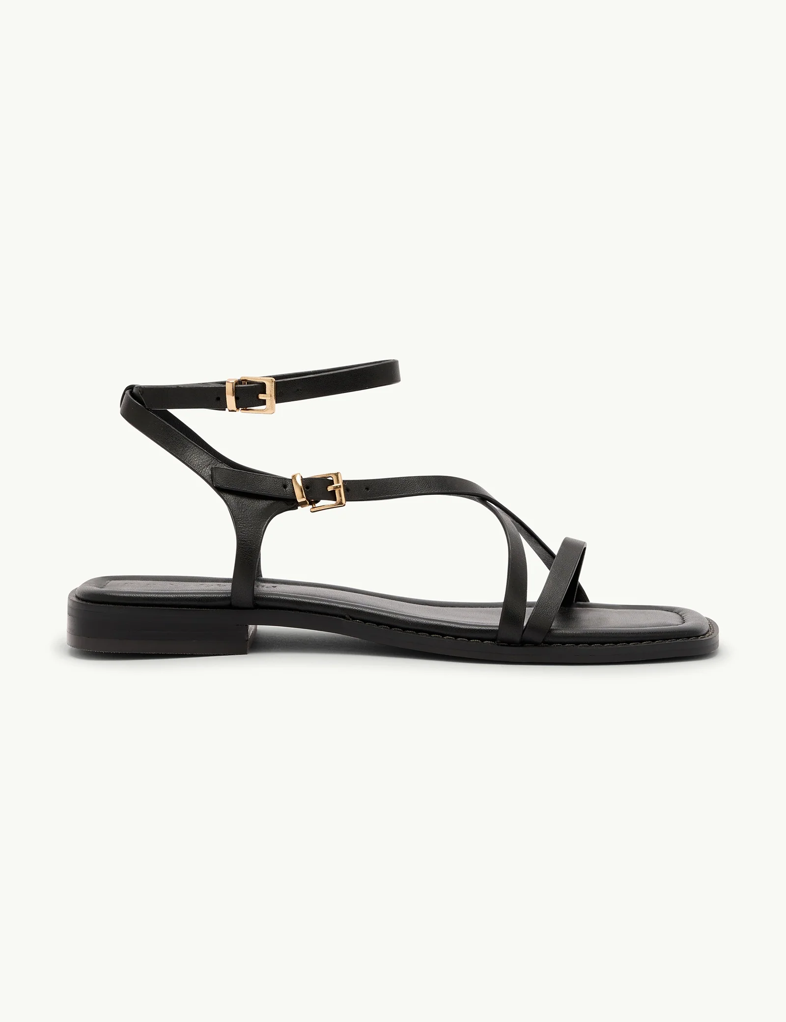 Black Leather Square Toe Strappy Sandals - Image 3
