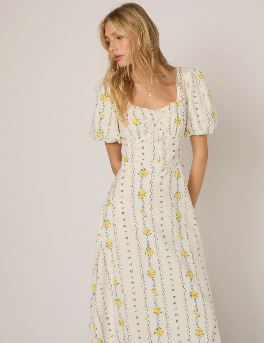 White Floral Puff Sleeve Melody Midi Dress - Image 2