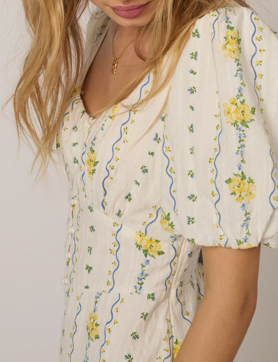 White Floral Puff Sleeve Melody Midi Dress - Image 3