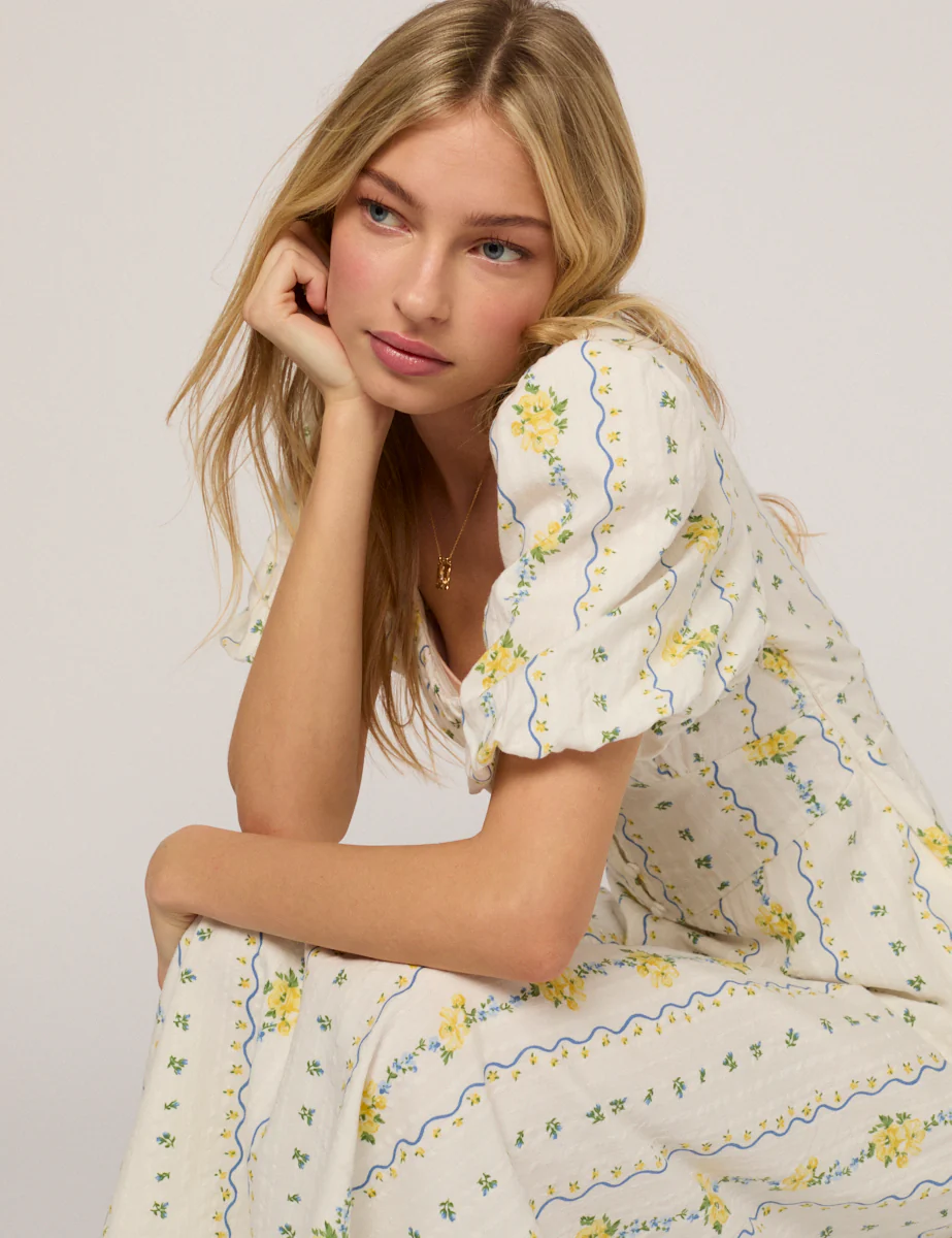 White Floral Puff Sleeve Melody Midi Dress - Image 5