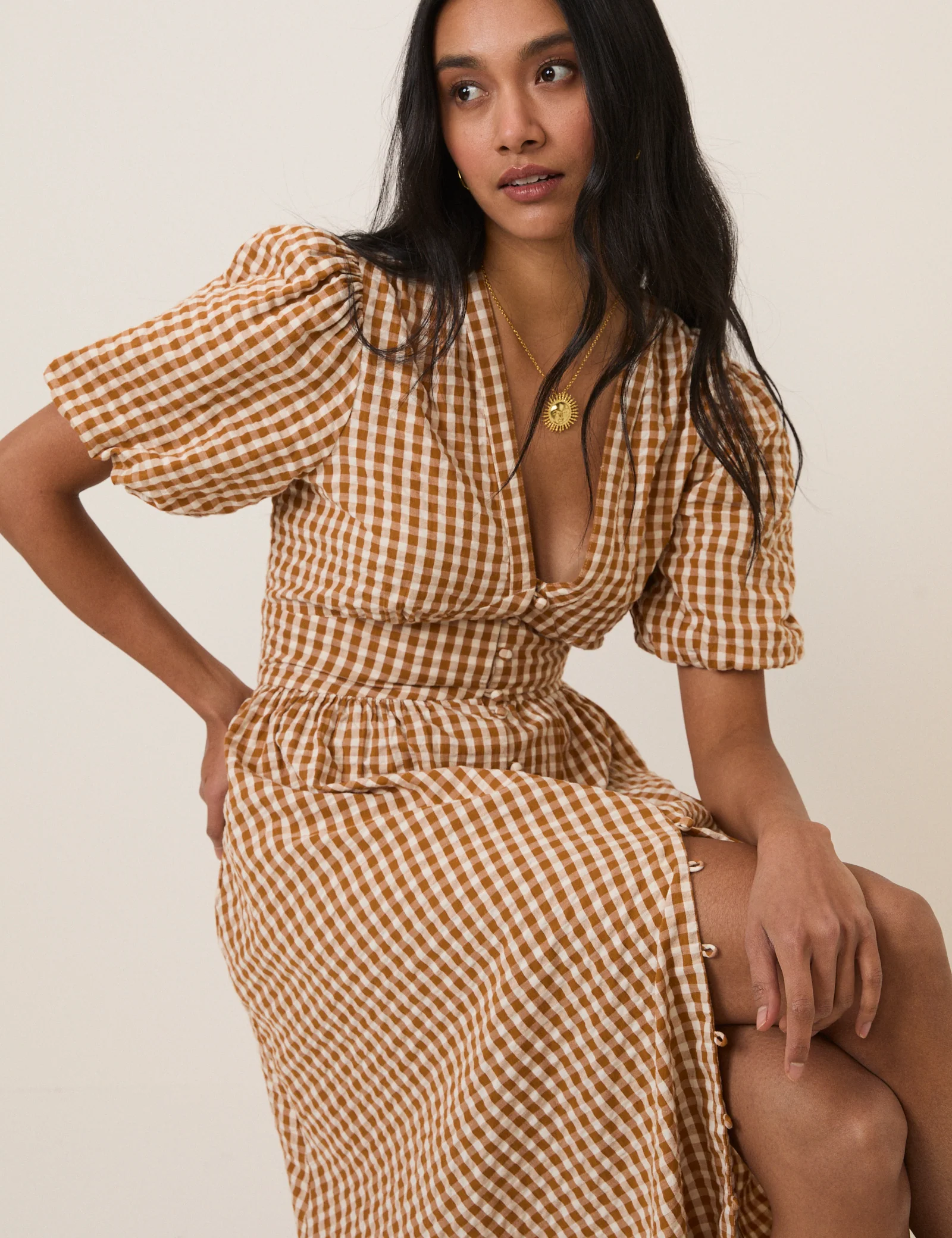 Orange Gingham Short Sleeve Starlight Midi Dress - Image 2