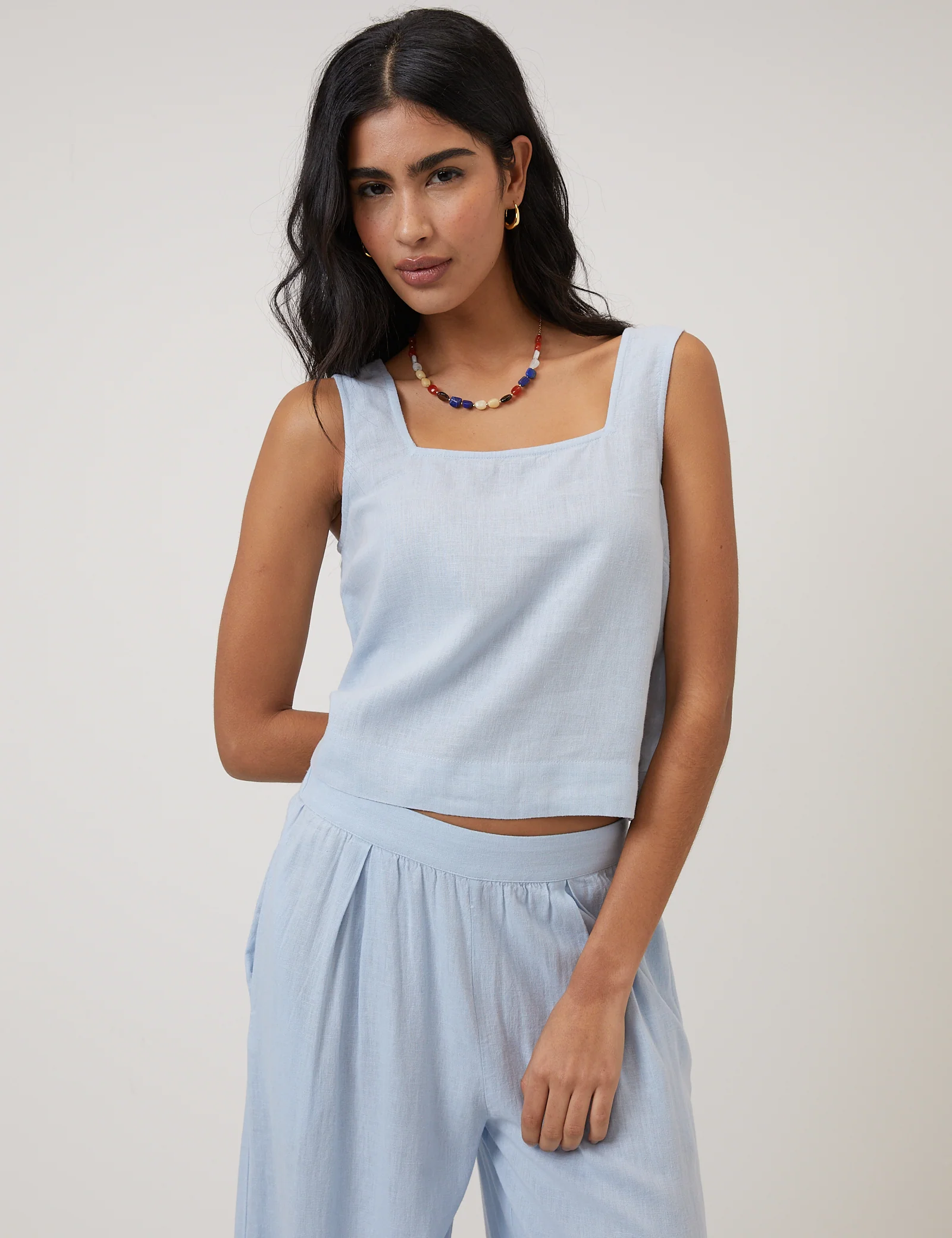 Light Blue Linen-Blend Swing Top