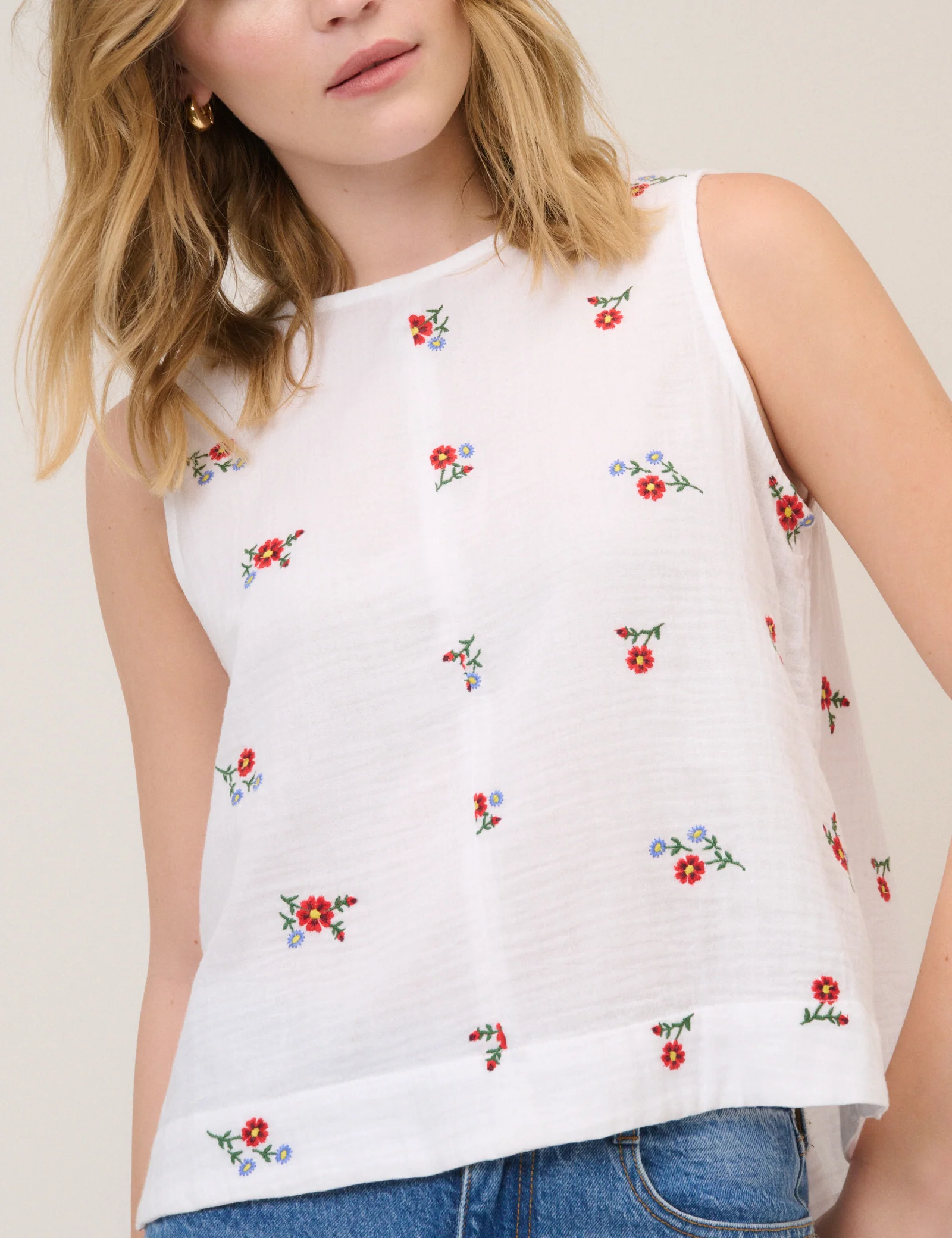 White Floral Embroidered Sleeveless Swing Top