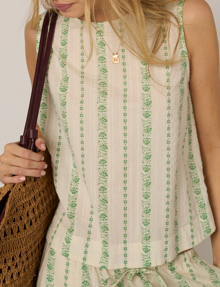 White Printed Linen-Blend Sleeveless Swing Top
