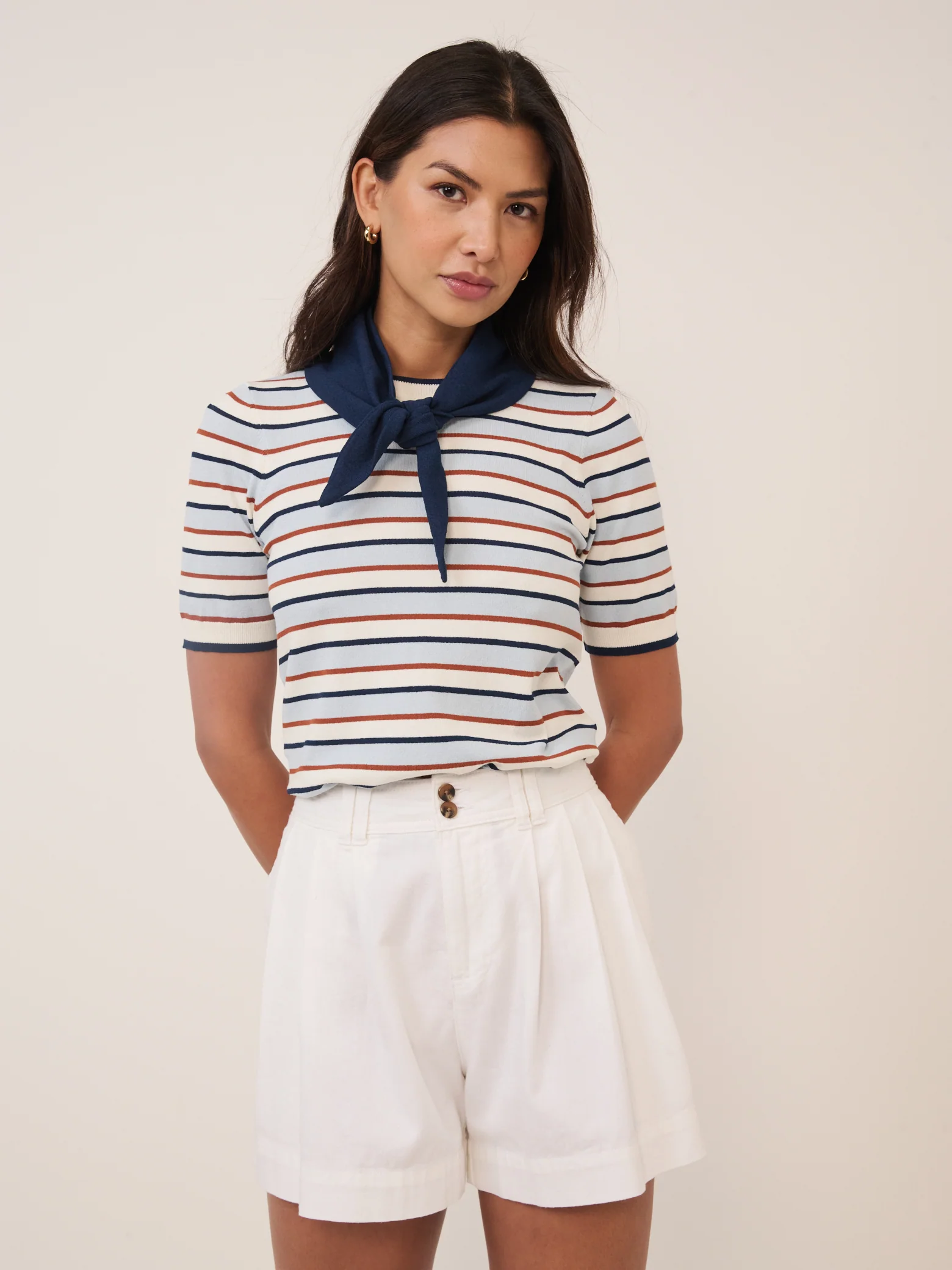Blue Striped Tie Neck T-Shirt - Image 2