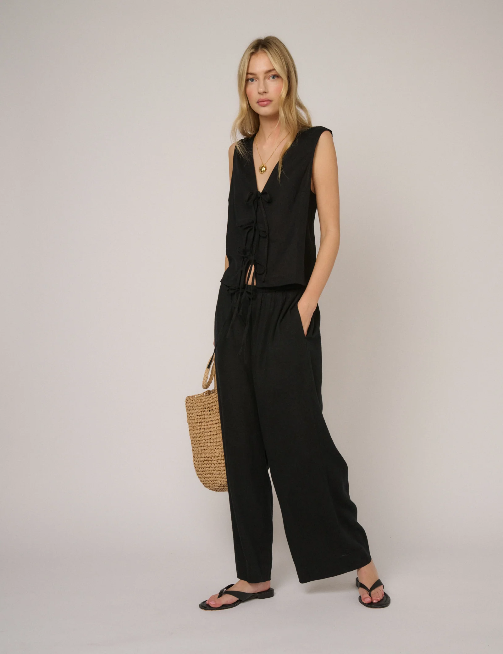 Black Linen-Blend Low Waisted Straight Leg Trousers - Image 2
