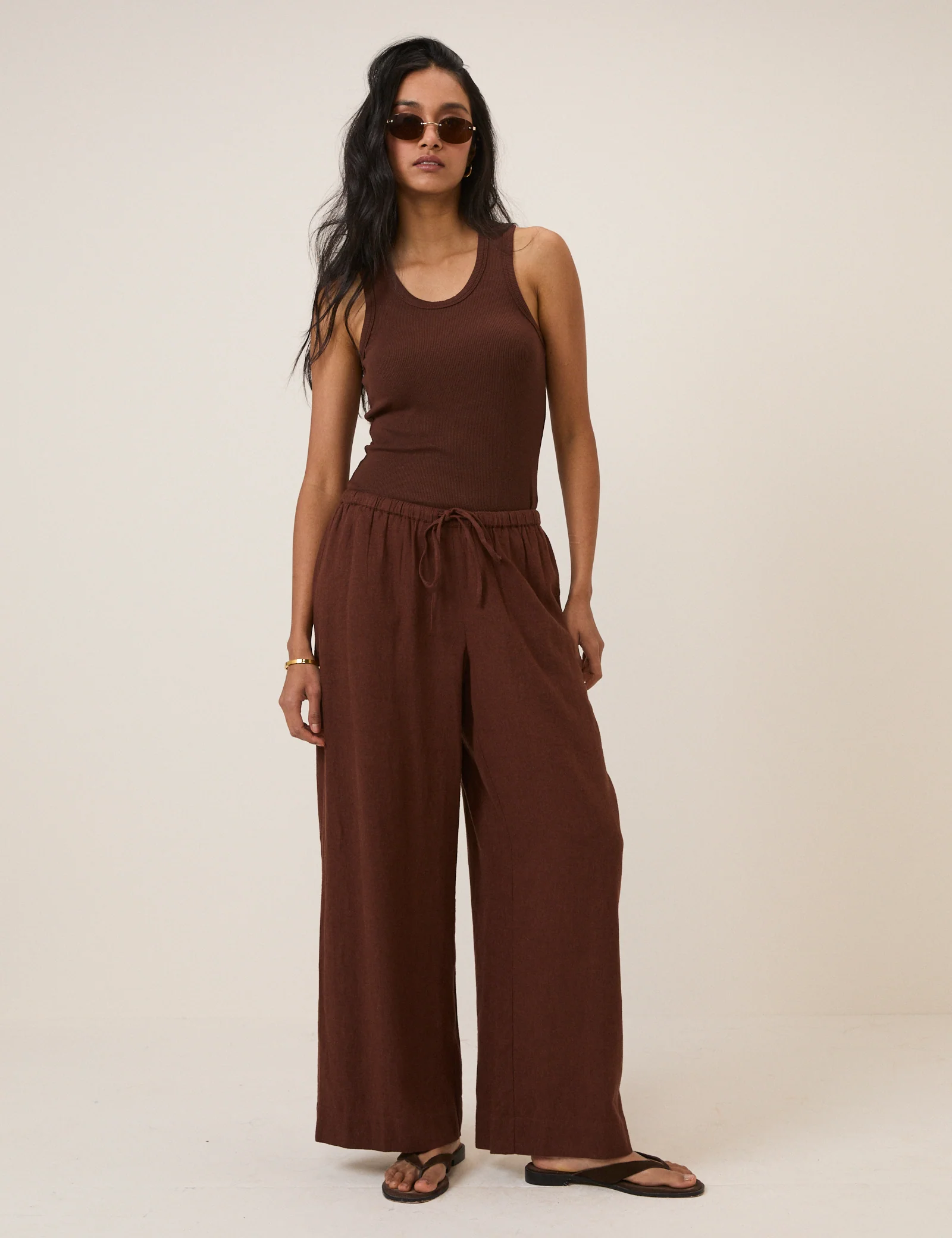 Brown Linen-Blend Low Waisted Straight Leg Trousers