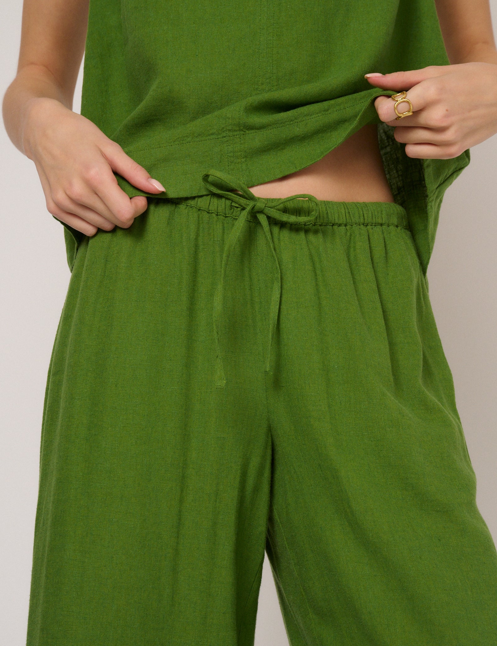 Green Linen-Blend Low Waisted Straight Leg Trousers - Image 2