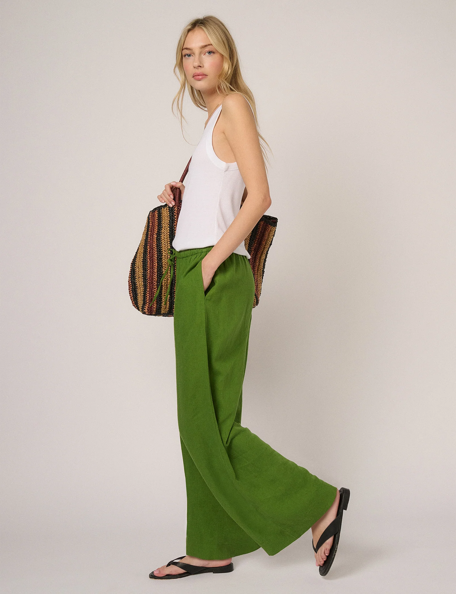 Green Linen-Blend Low Waisted Straight Leg Trousers - Image 5