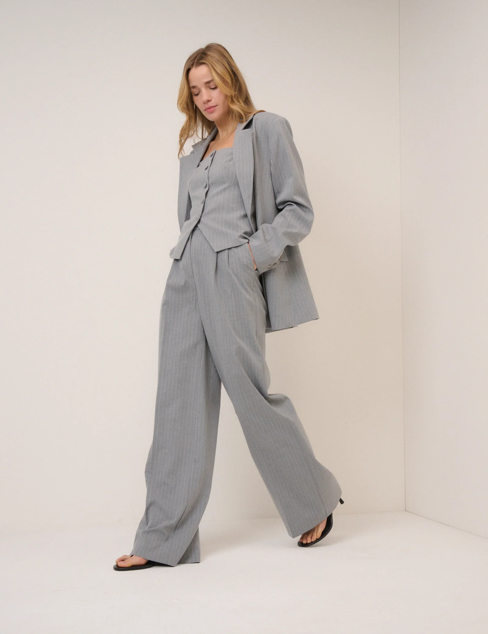 Grey Pinstripe Tailored Wide Leg Trousers
