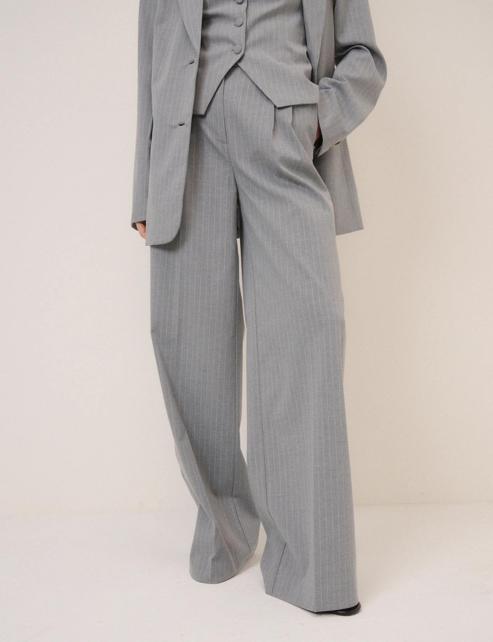 Grey Pinstripe Tailored Wide Leg Trousers - Image 4