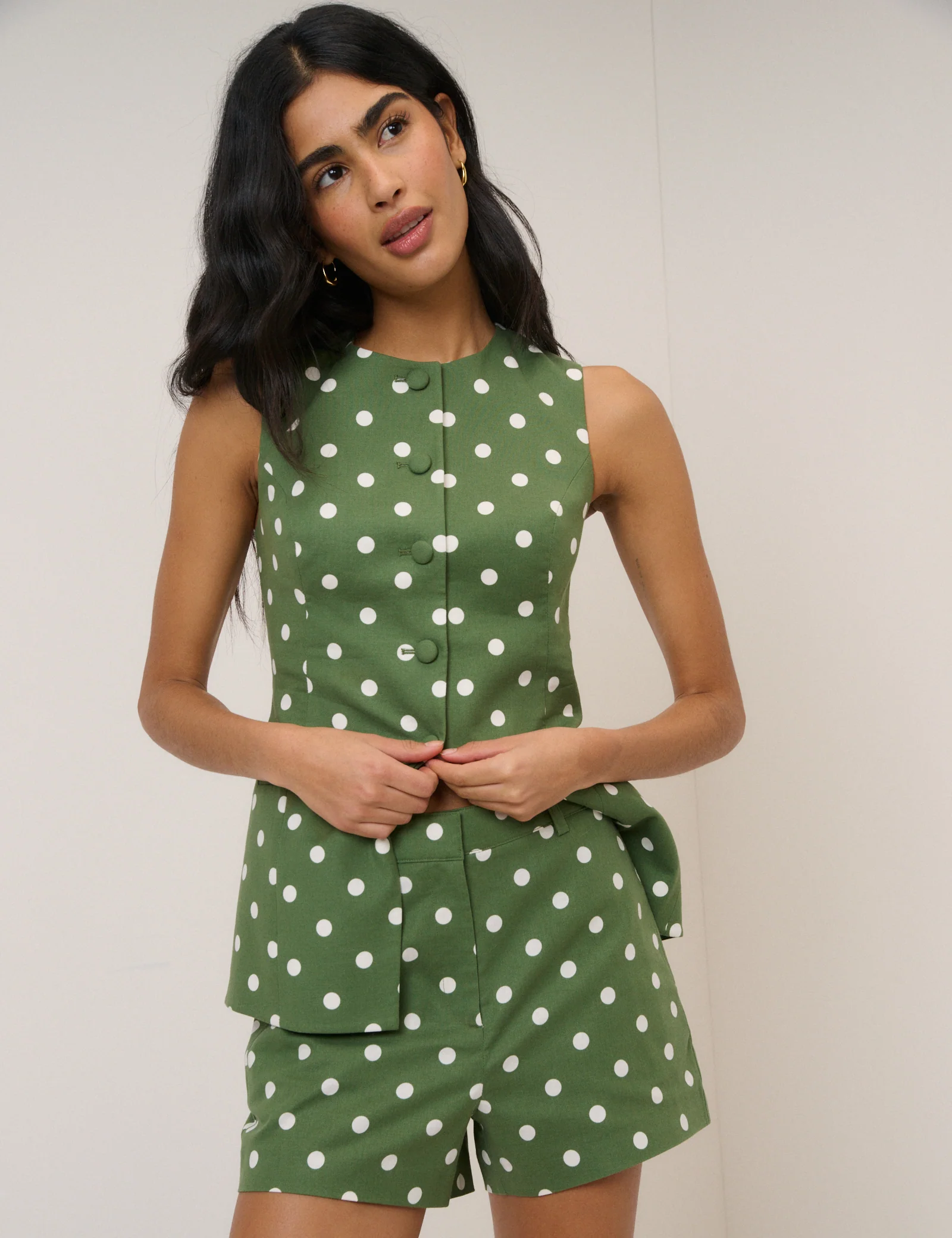 Green Polka Dot Tailored Shorts - Image 2