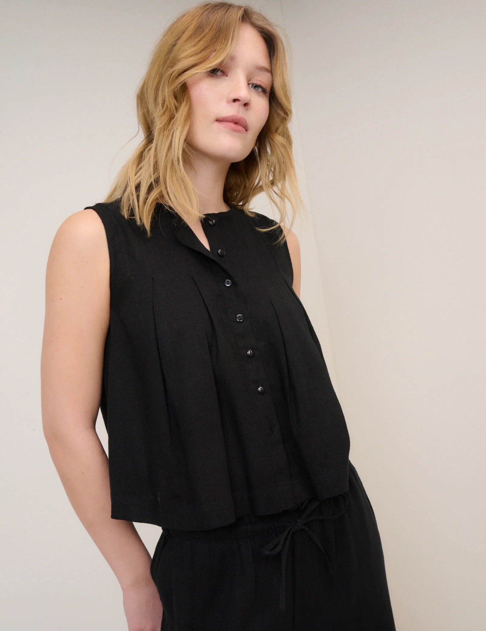 Black Linen-Blend Pintuck Top - Image 2