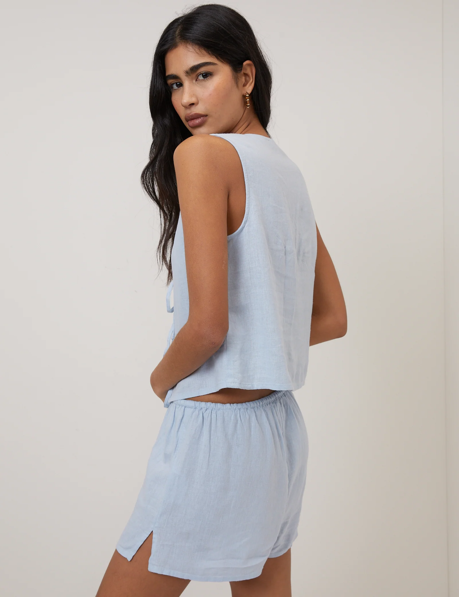 Light Blue Linen-Blend Tie Front Tessa Top - Image 5