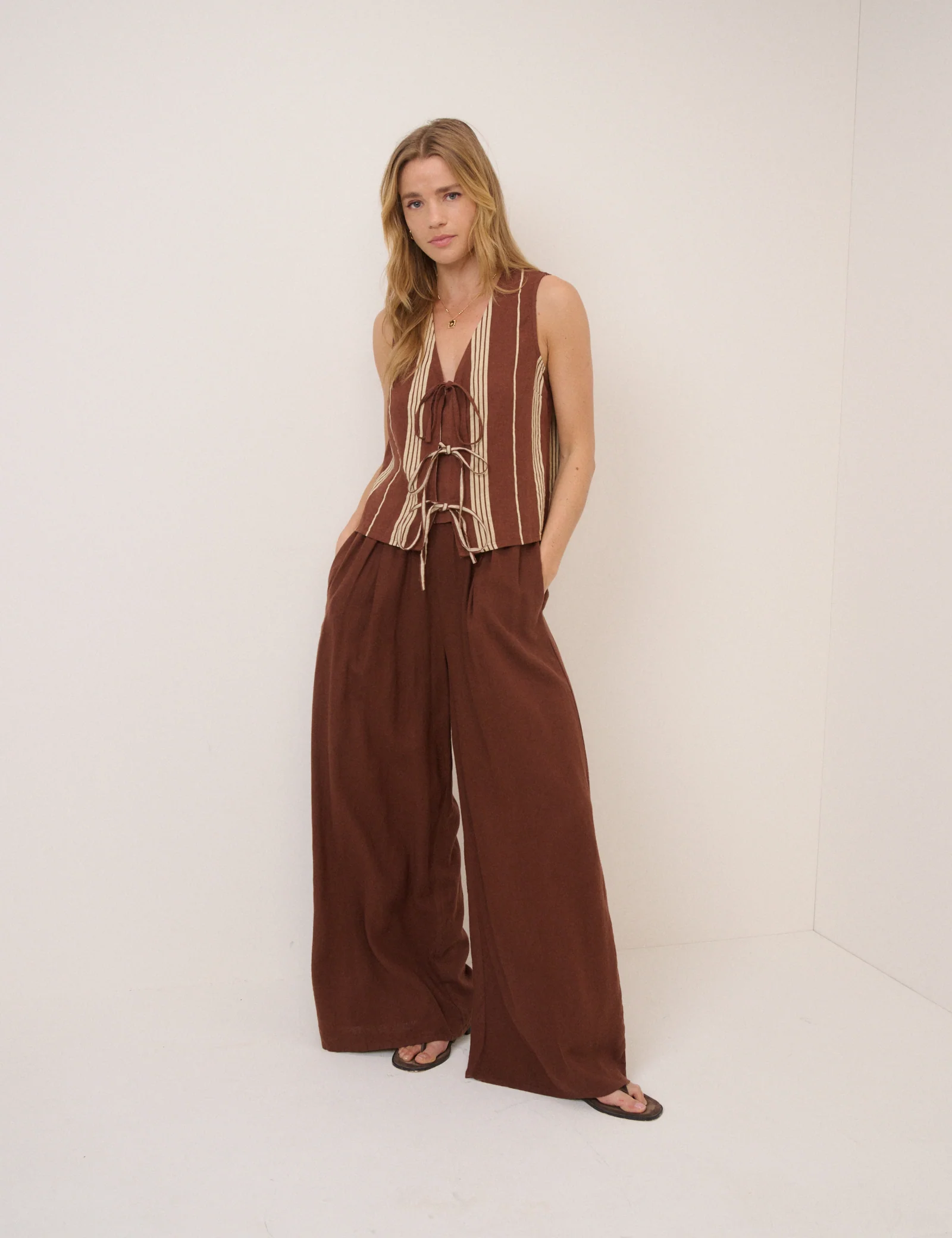 Brown Striped Linen-Blend Tie Front Tessa Top - Image 4