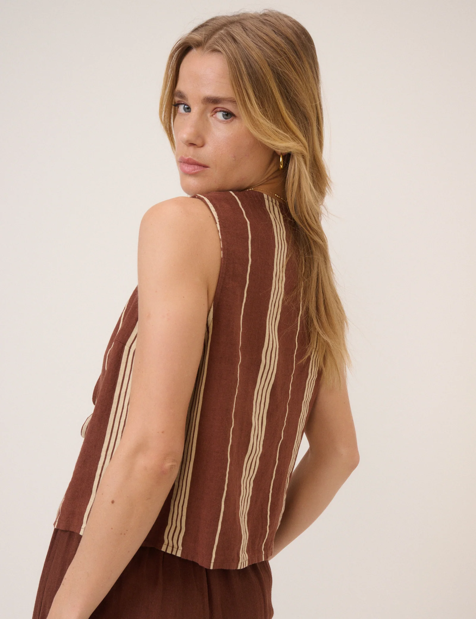 Brown Striped Linen-Blend Tie Front Tessa Top - Image 5