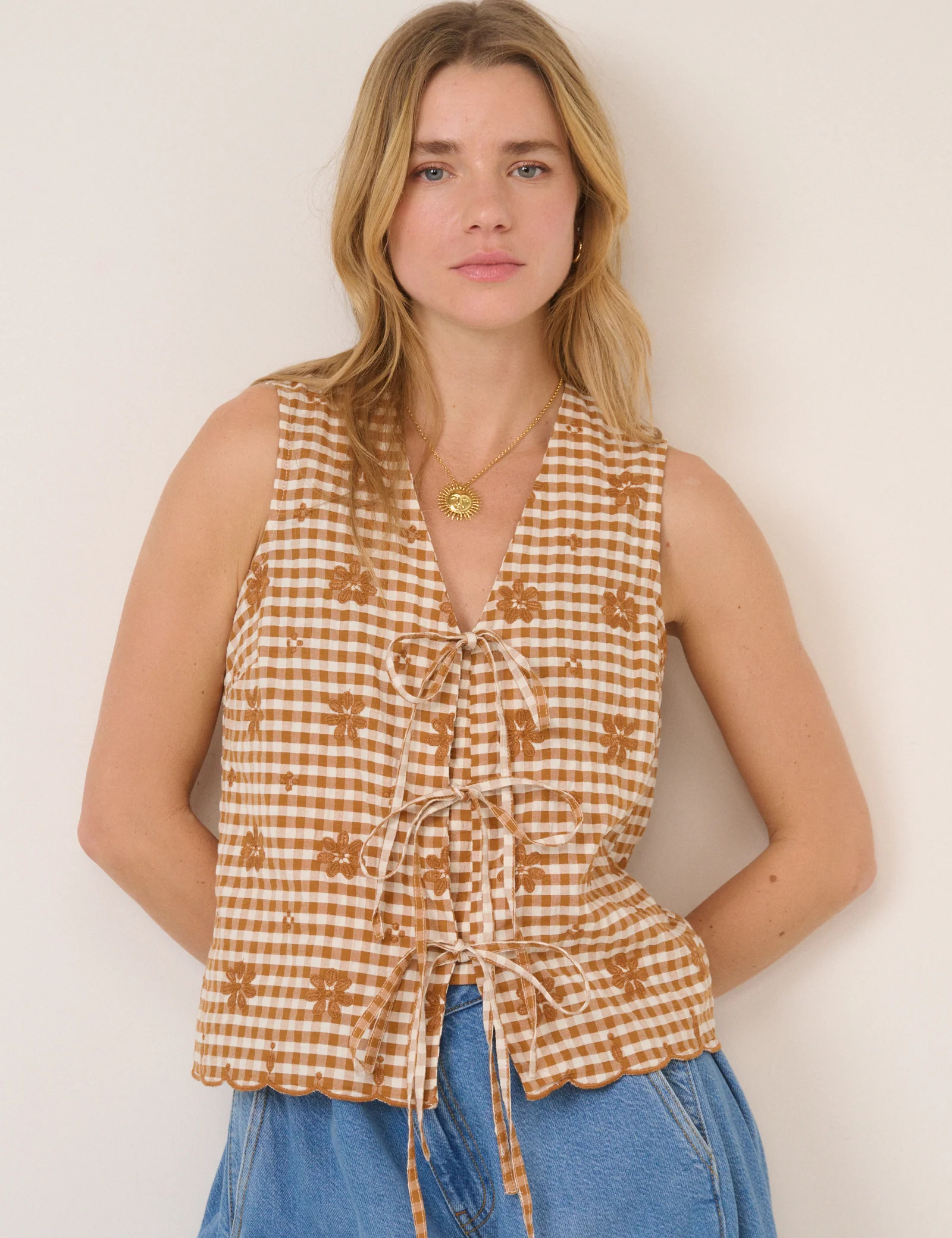 Orange Gingham Floral Tie Front Tessa Top