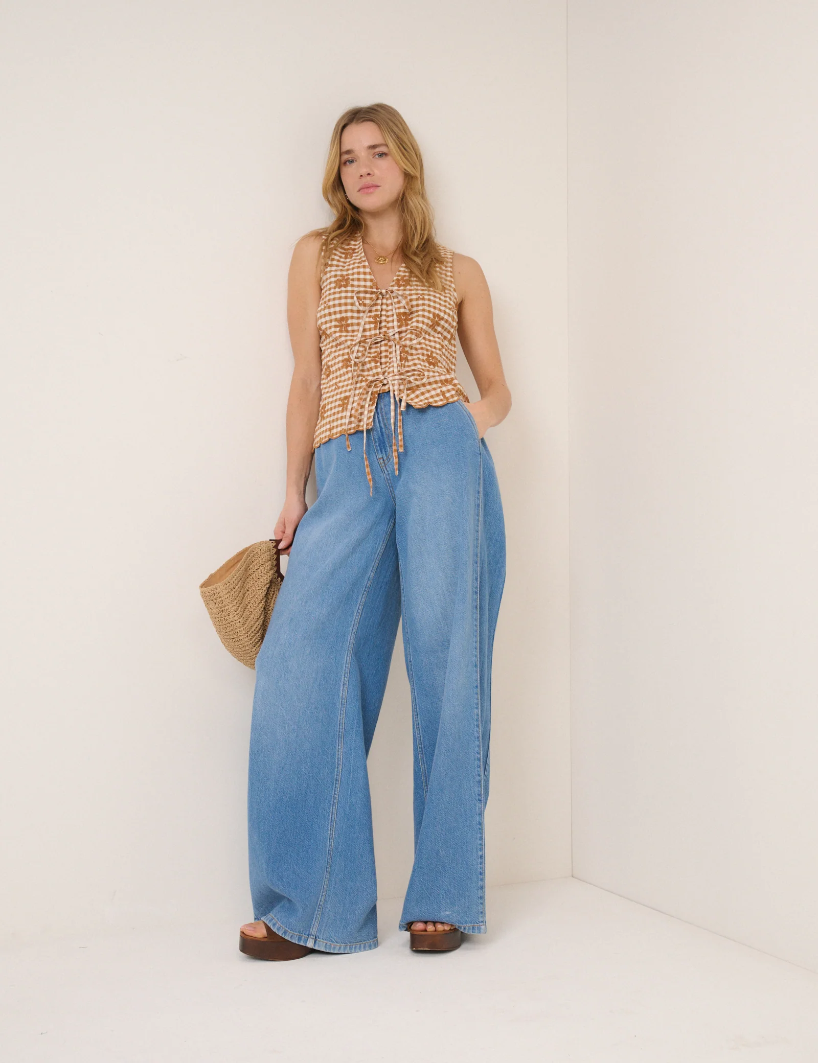 Orange Gingham Floral Tie Front Tessa Top - Image 3