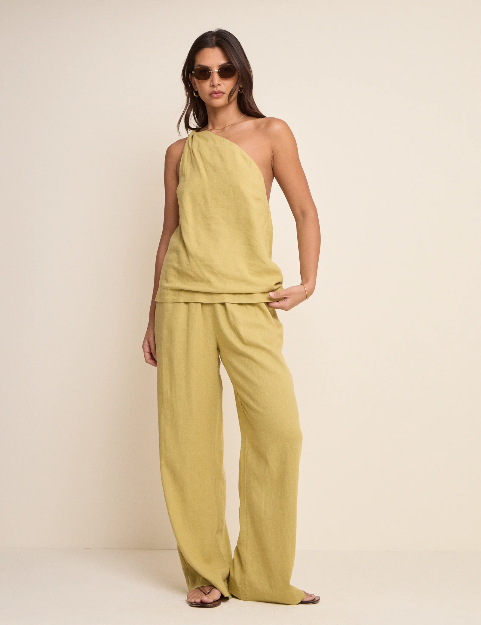 Sage Green Linen-Blend One Shoulder Twisted Top - Image 3