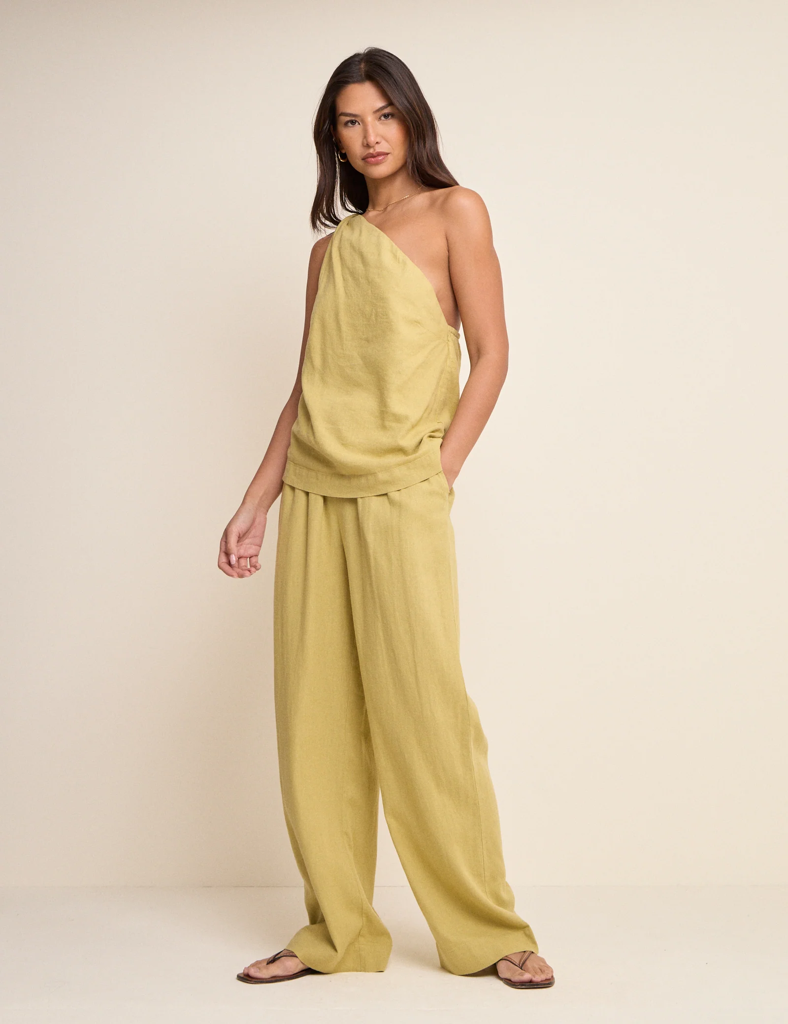 Sage Green Linen-Blend One Shoulder Twisted Top - Image 5