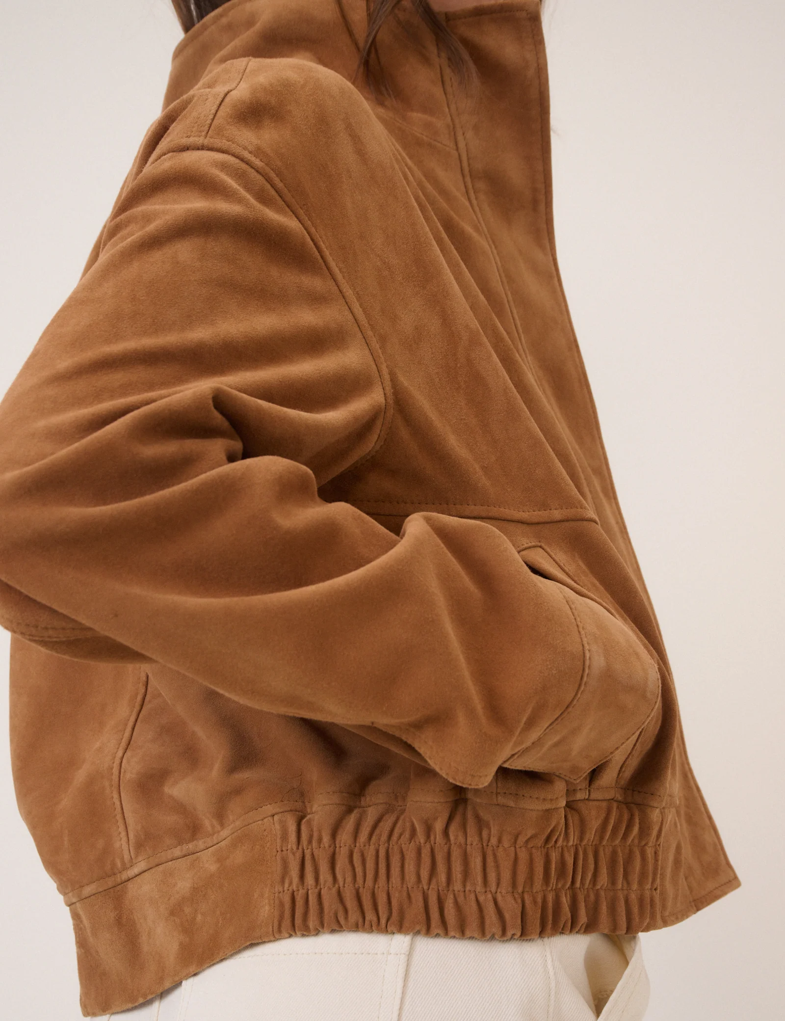 Brown Funnel Neck Suede Bomber - Image 2