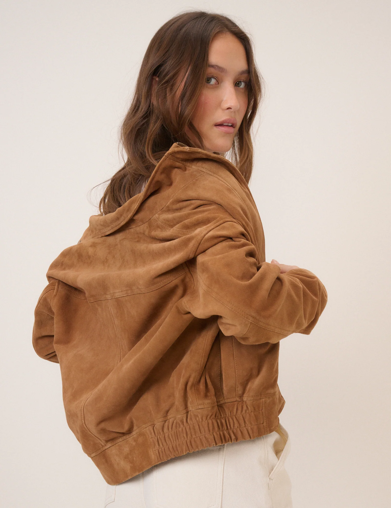 Brown Funnel Neck Suede Bomber - Image 4