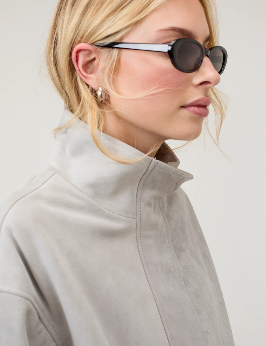 Grey Funnel Neck Suede Bomber - Image 2