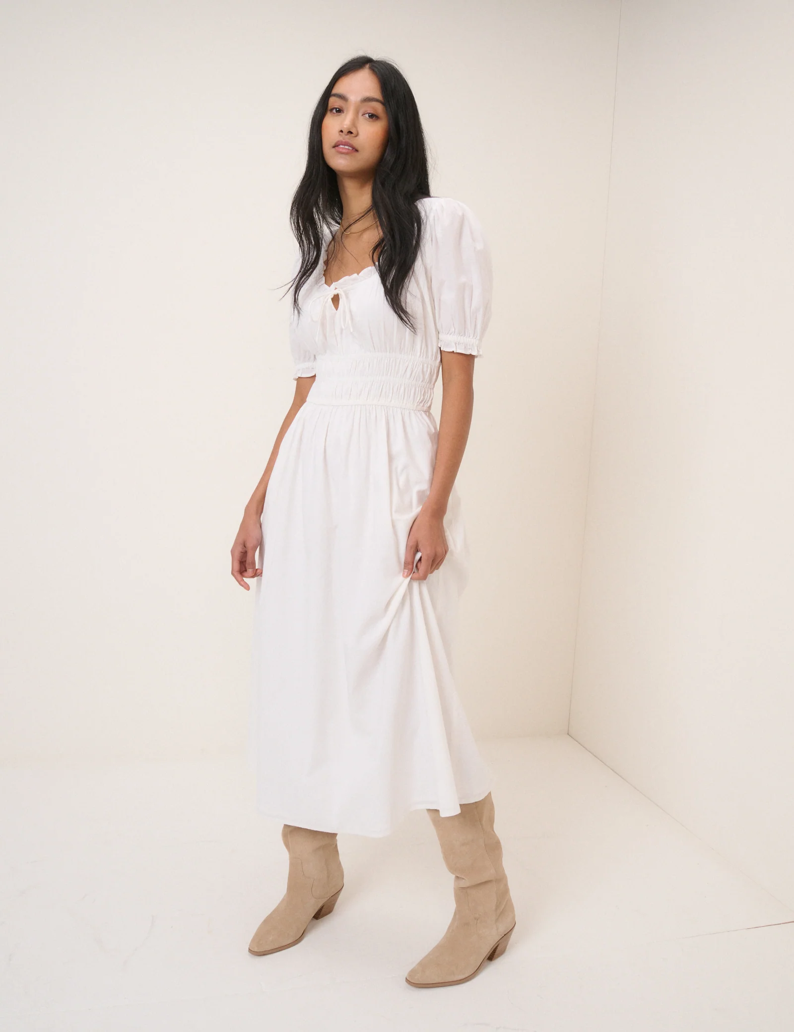 White Milkmaid Puff Sleeve Tula Midi Dress - Image 2