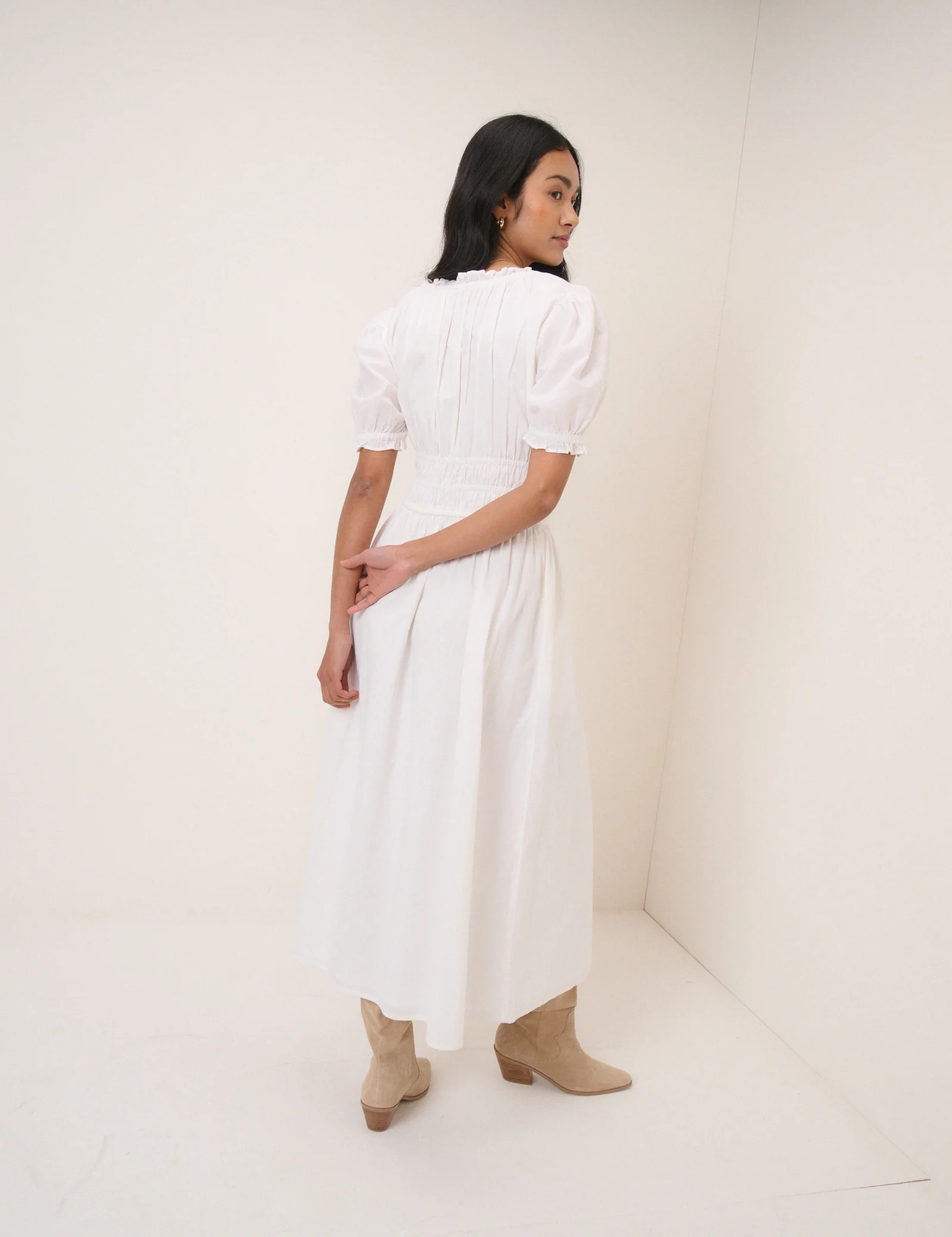 White Milkmaid Puff Sleeve Tula Midi Dress - Image 6