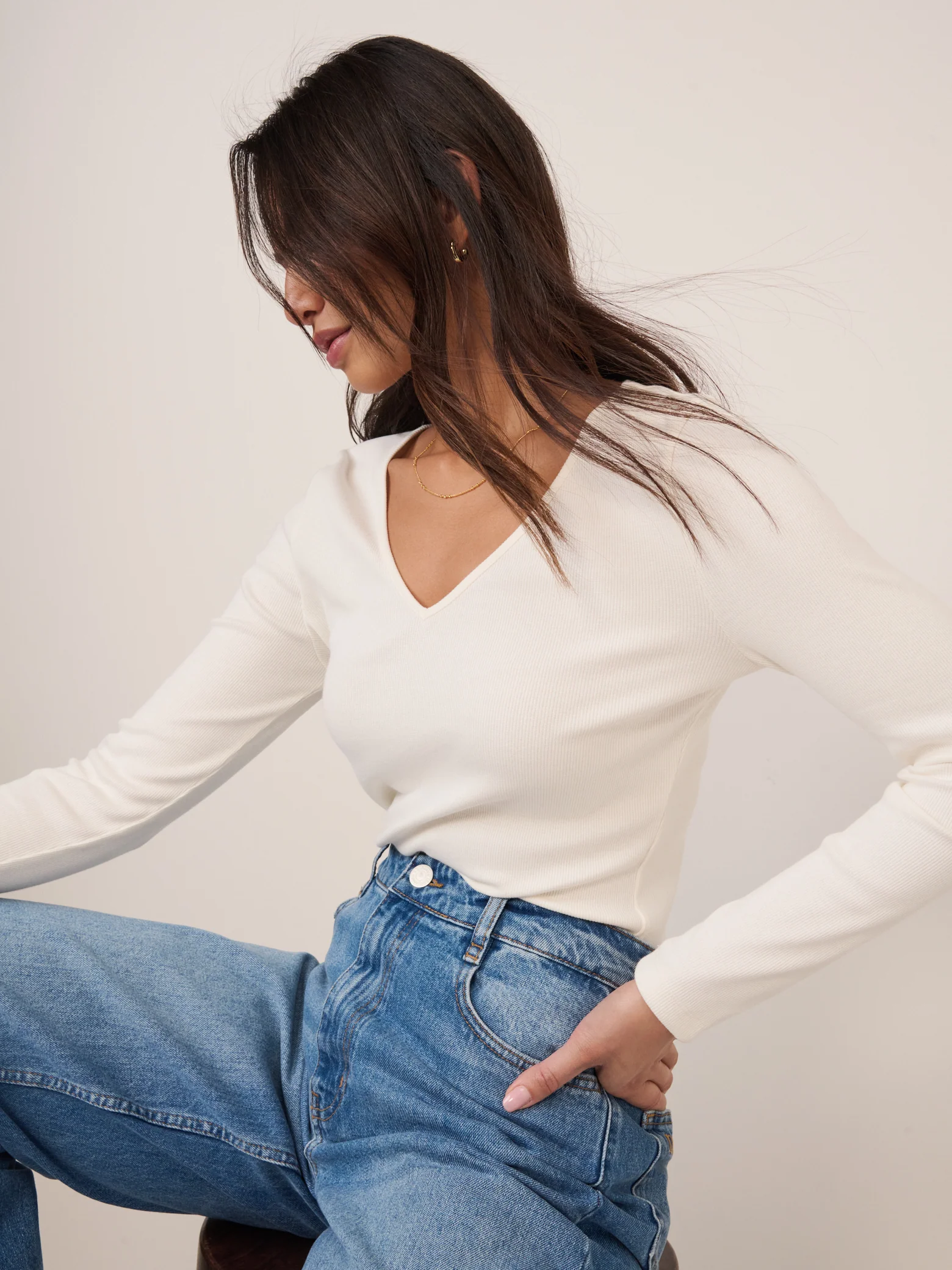Cream V-Neck Long Sleeve Ribbed Top - Image 4